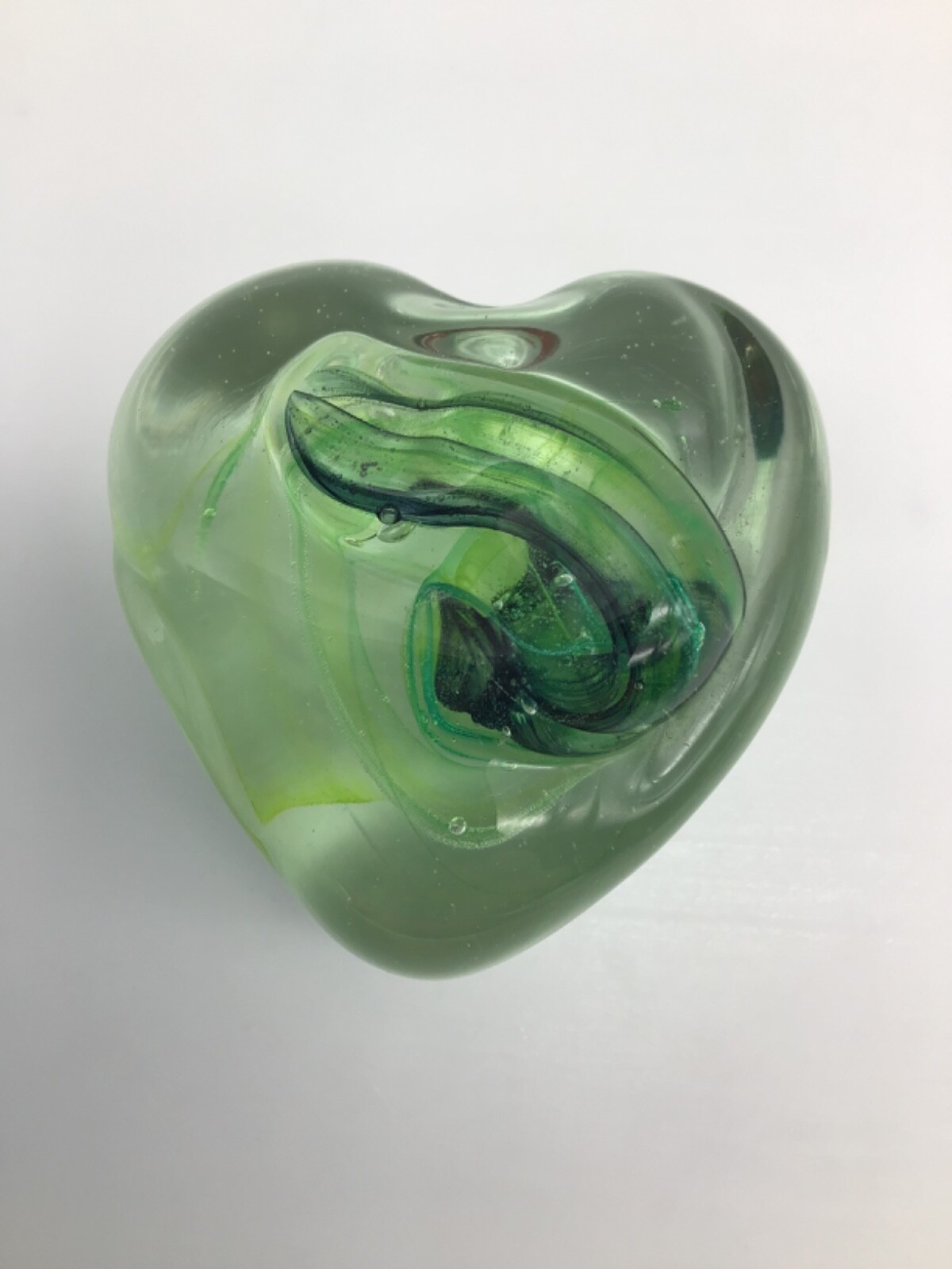 Heart Hand Blown Glass Paperweight Green/Blue/Yellow Swirl 1.75 Inch