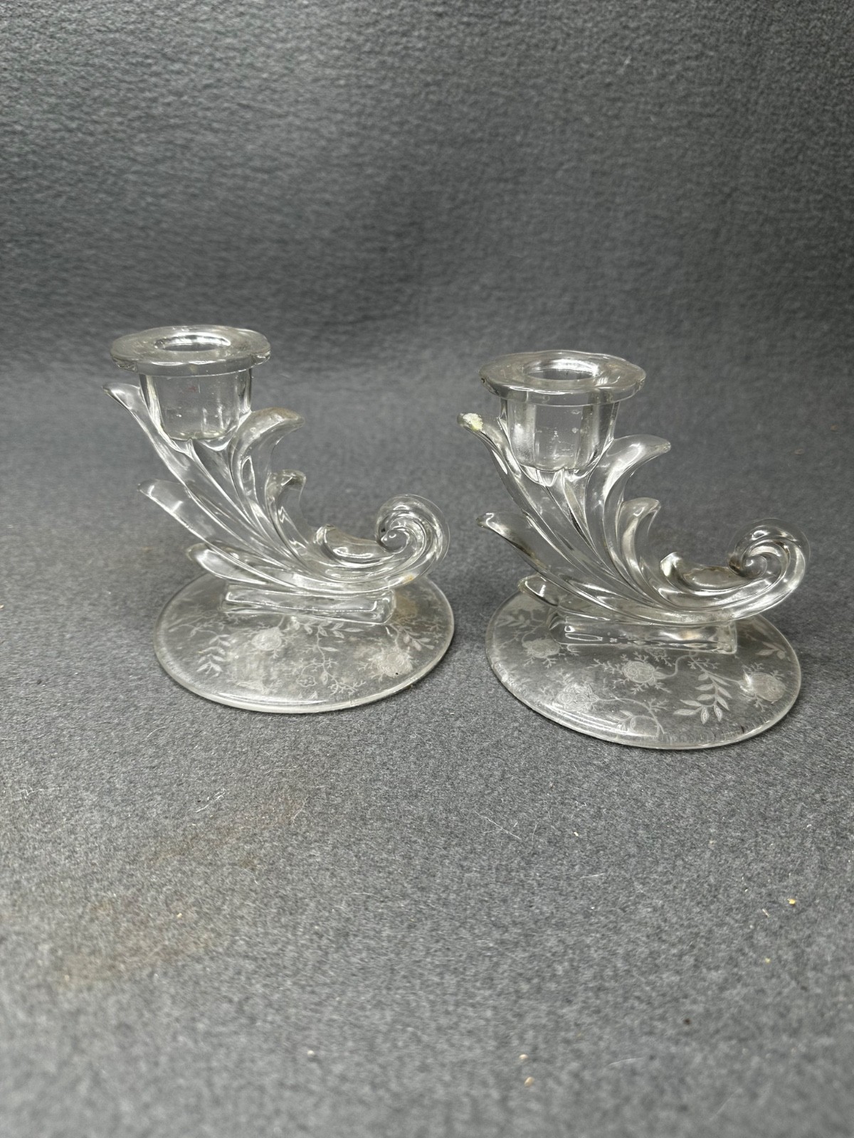 Fostoria 4″ Baroque Clear candlestick pair