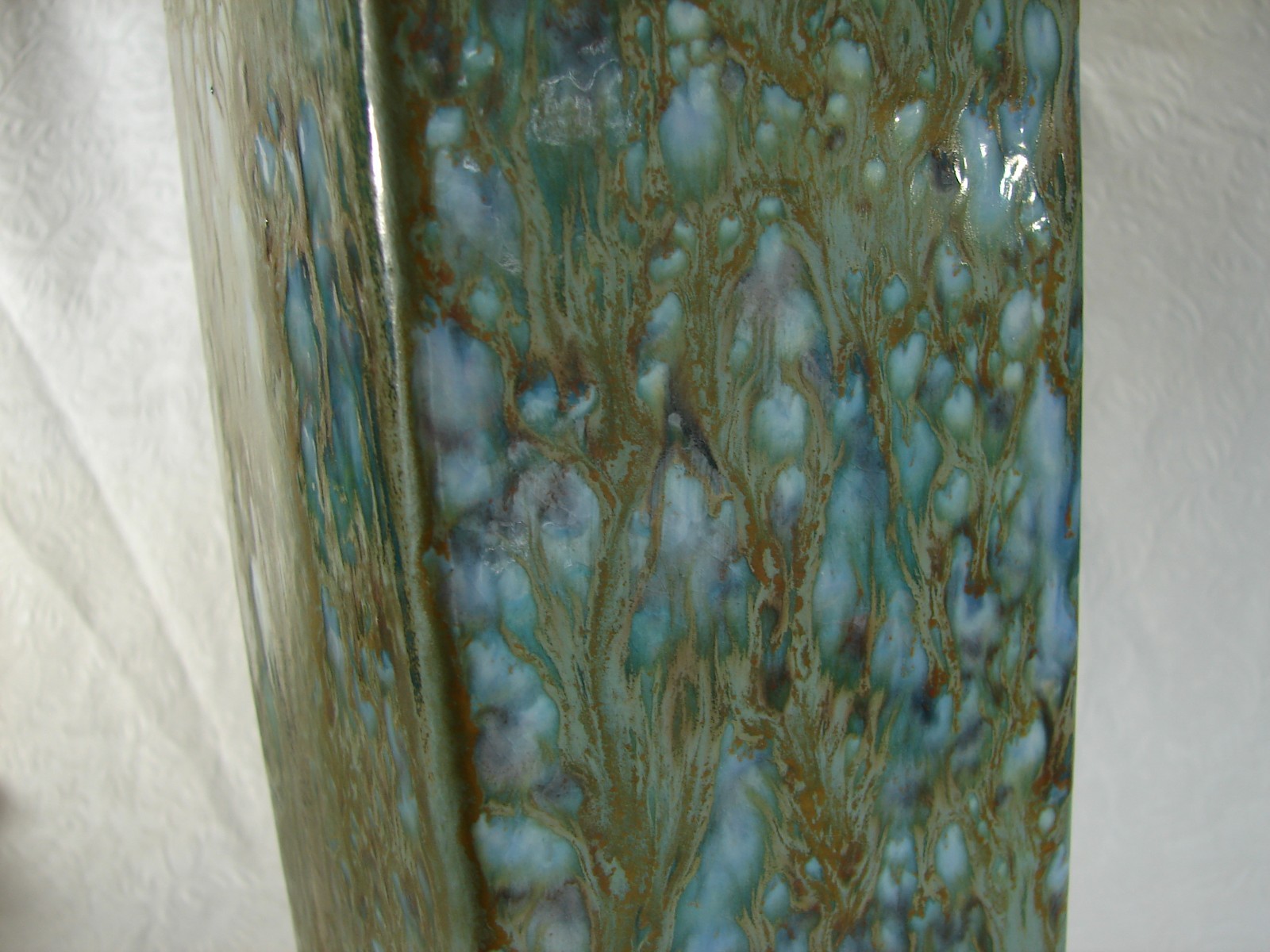 Vtg Monterey Jade Blue/Green Drip Glaze Square VASE, California Pottery MCM MJ3