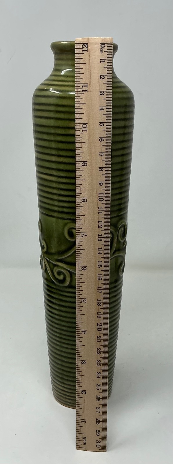 Vintage 1980’s Studio Art Pottery Vase Green Ribbed Tube w/ Scrolling 12” X 3 “