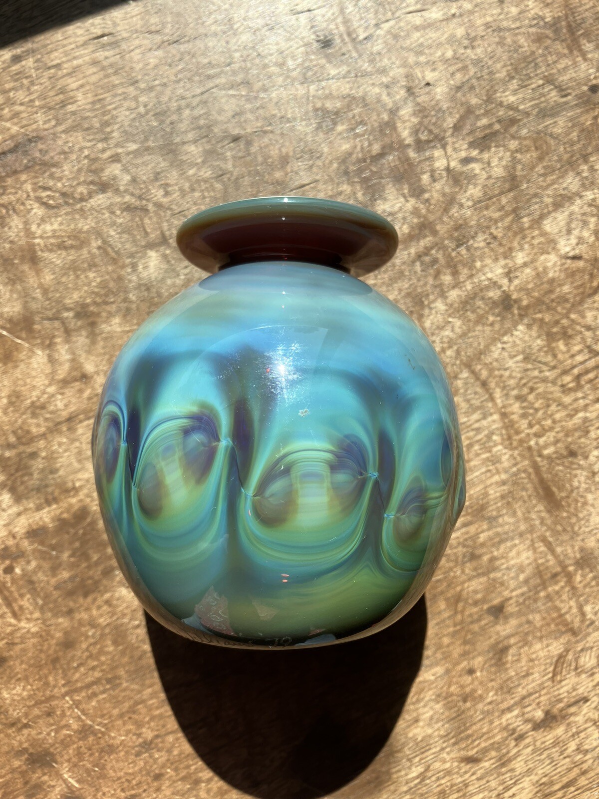 Art Glass Blown Buzz Williams 1979 Signed Peacock Color Vase 4.5″ t x 4″ w