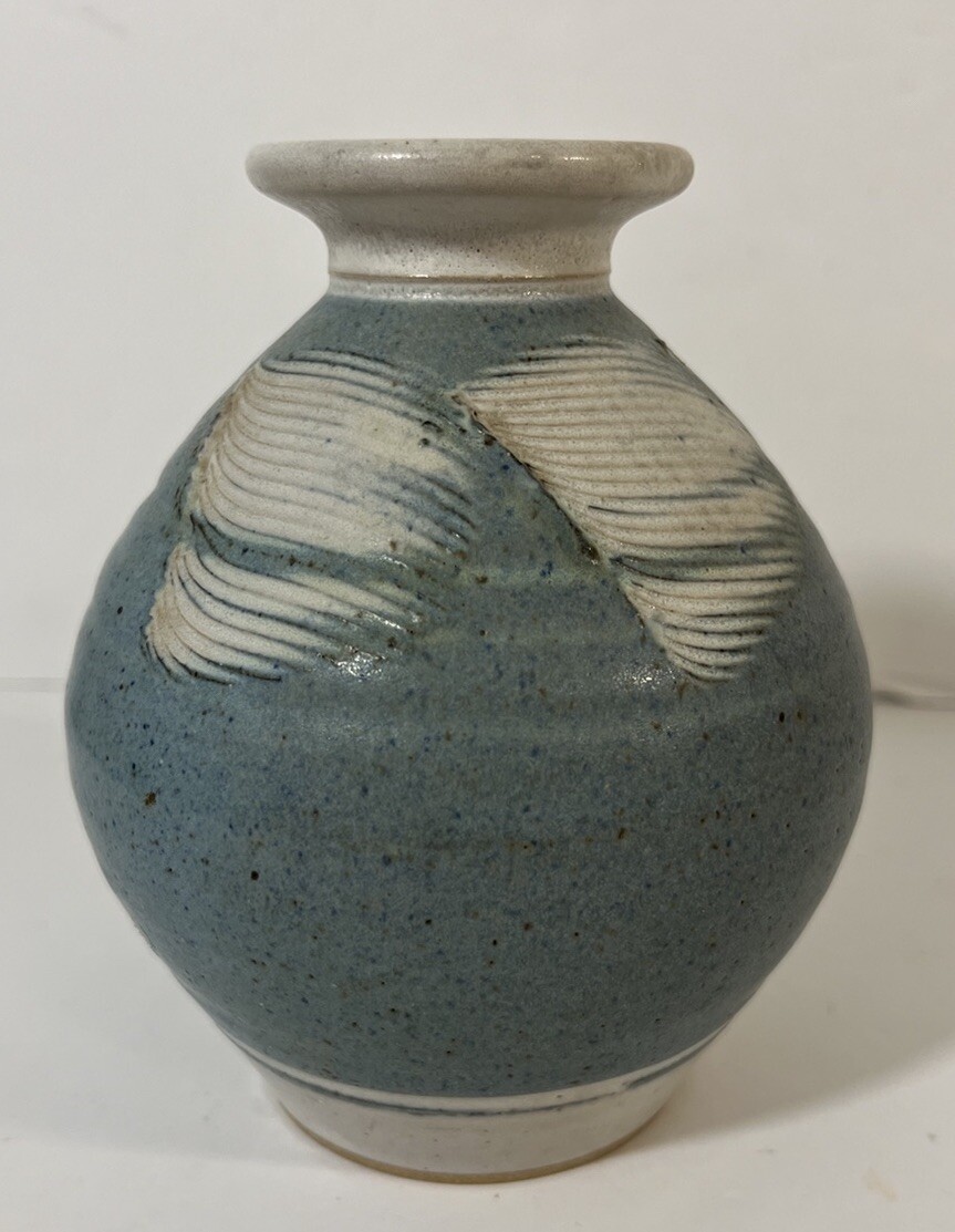 Art Pottery Vase Light Blue and White Speckled Stoneware Signed 4.75 Inch
