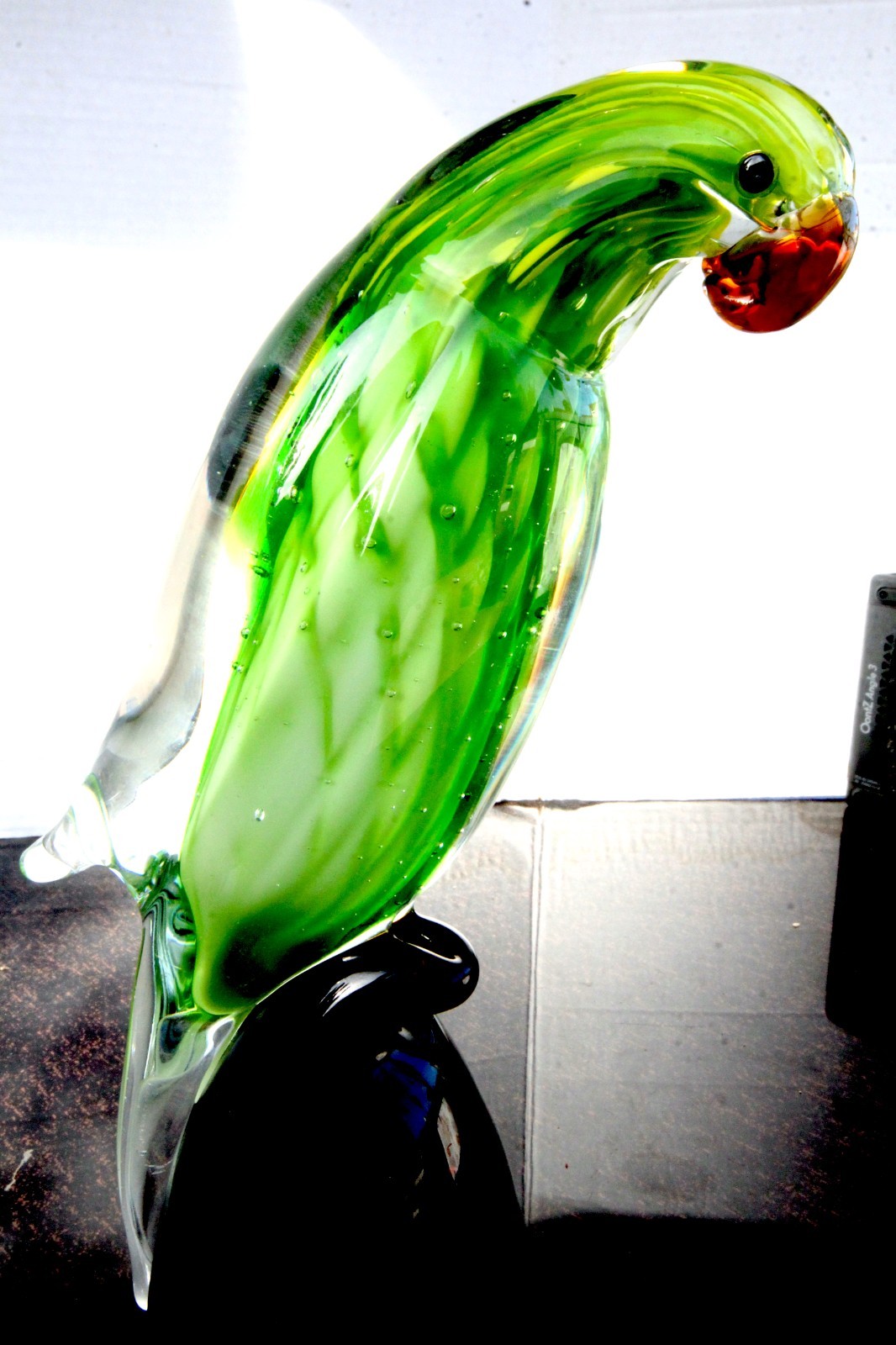 ART GLASS PARROT –10″ Tall– Luminescent Fine-Feathered ONE OF A KIND Sculpture