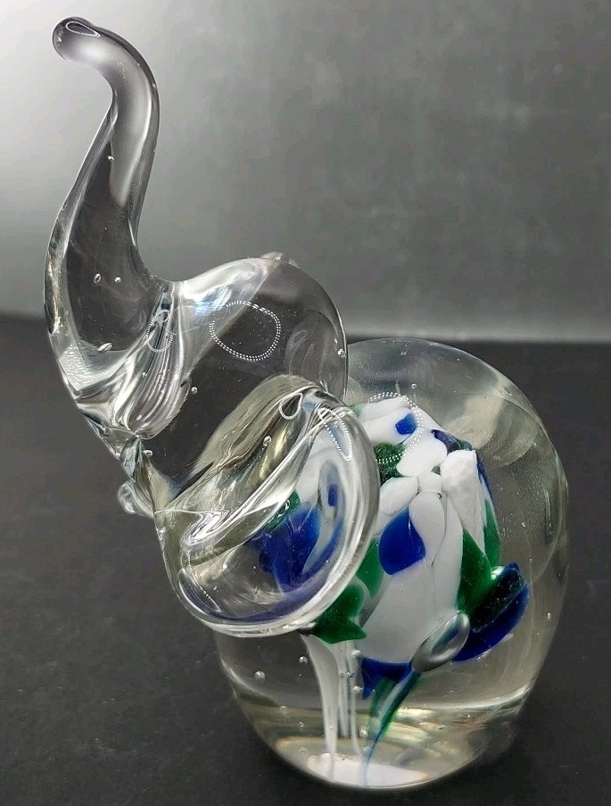 Lucky Trunk Up Elephant Blue Green Floral Paperweight Handblown glass 4″Tall Vtg