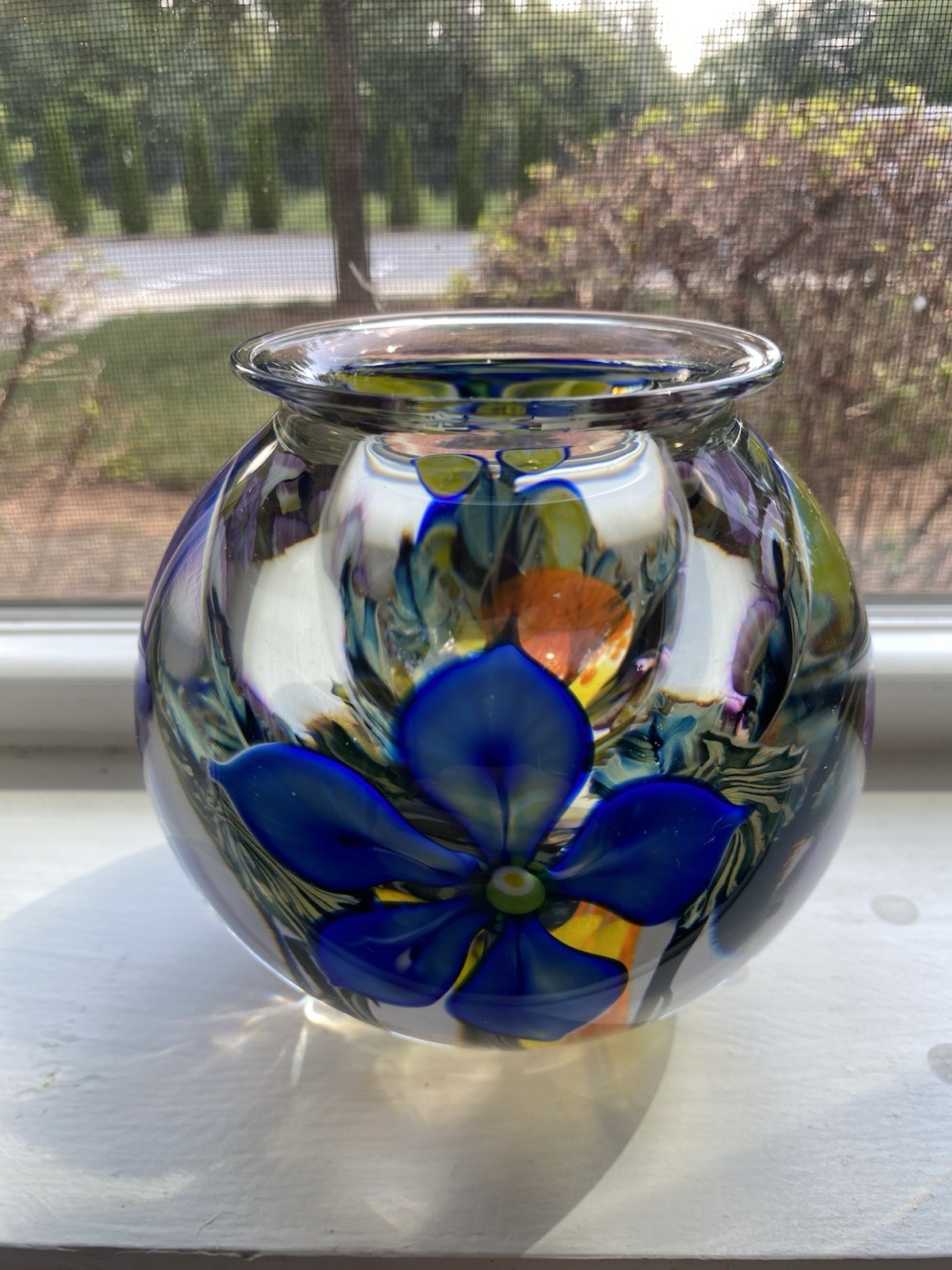 David Lotton Blown Glass Clematis & Hollyhock Organic Vase, 5×5 signed 2012
