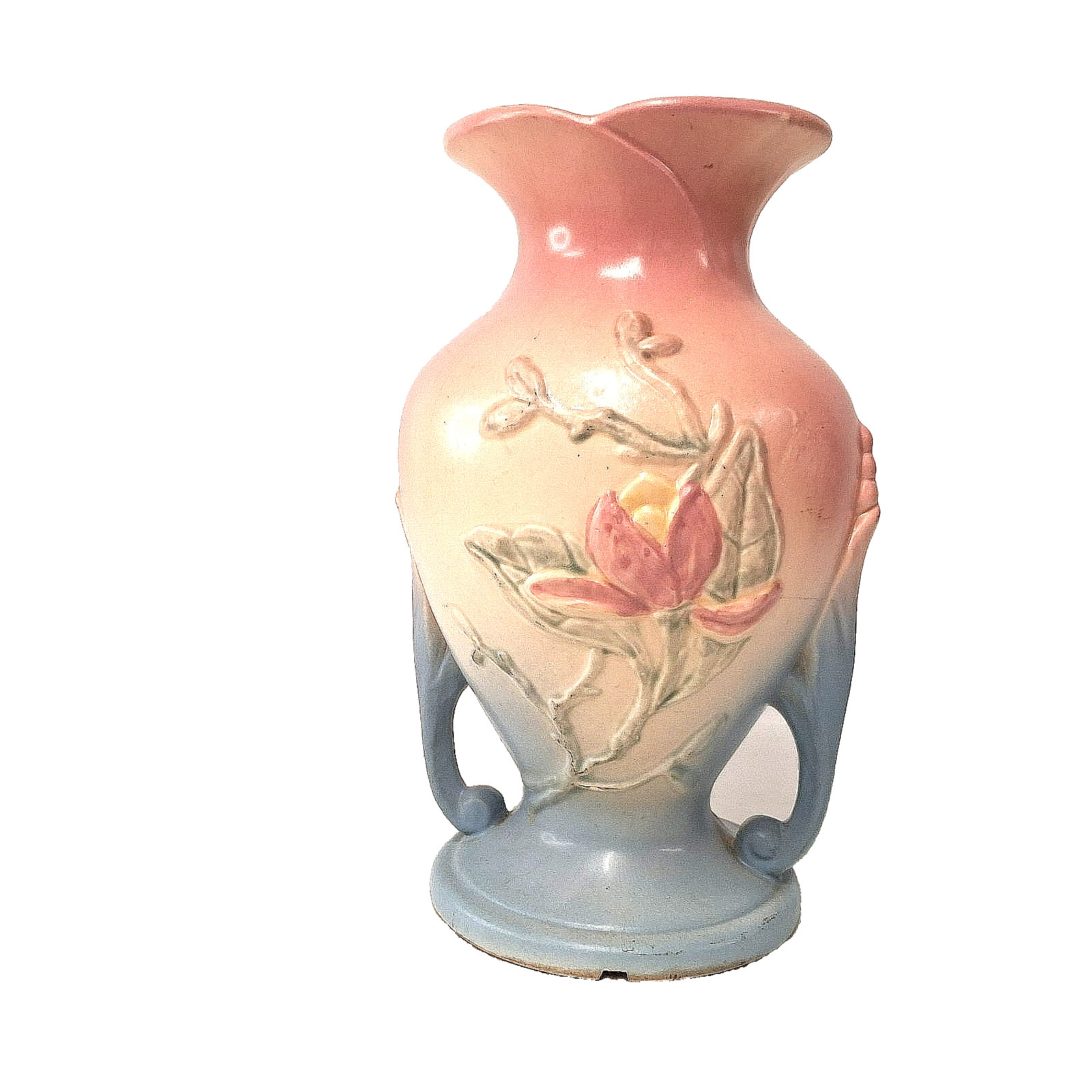 Hull Magnolia Vase Pink Blue Matte Floral Art Pottery USA Vintage Double Handle