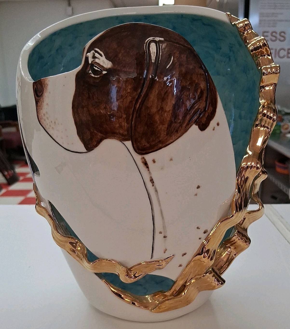 DOG VASE SIGNED BY ARTIST J VANNOY STUNNING ORIGINAL Aqua blue & Gold colors