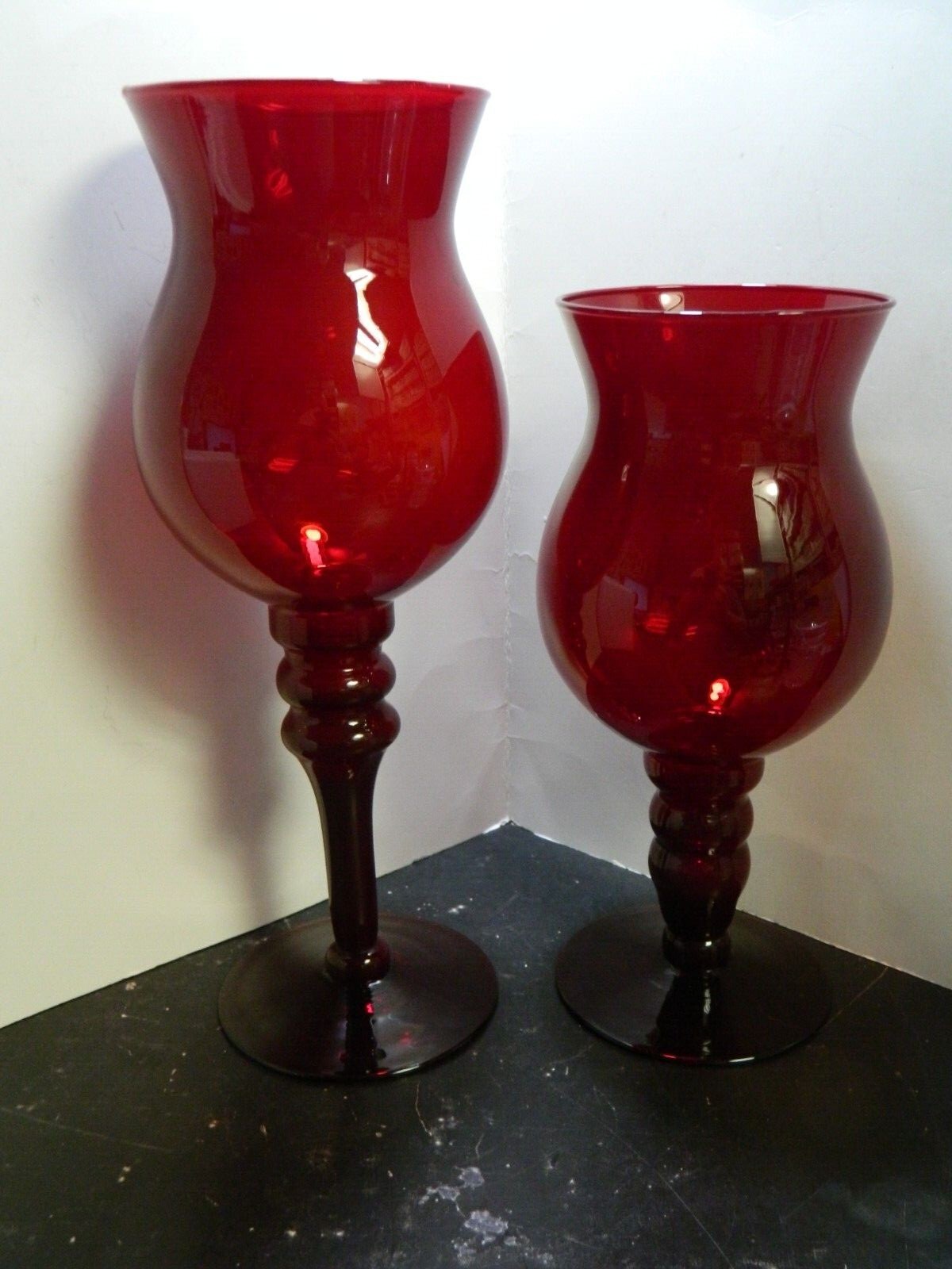 Vintage (2) Large Hand Blown Ruby Red Empoli Pedestal Vases 14.5″ & 11.75″ Excel