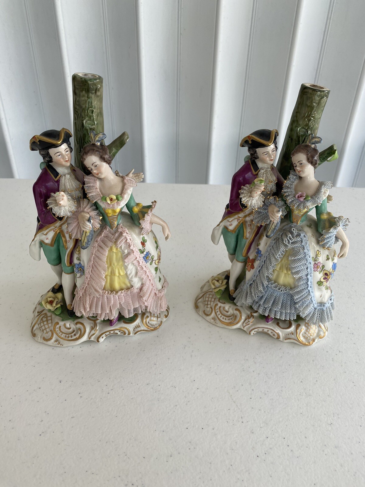 Dresden Figurine Couple Courting Set of 2 West Germany FLAWS Lot TWO VINTAGE