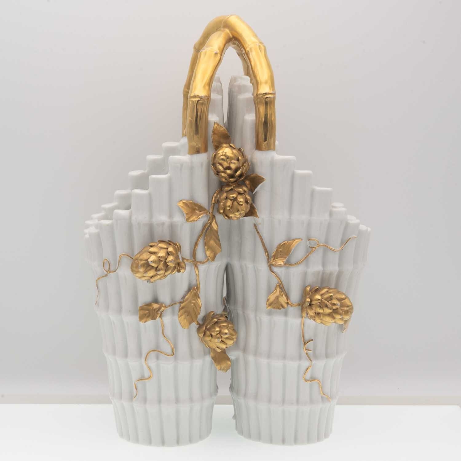 Royal Worcester Aesthetic 1800s Ivory & Gold Bamboo Porcelain Double Vase-MINT!