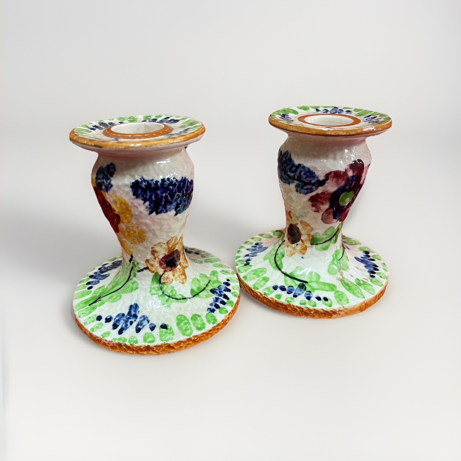 Bakers Printemps England Candle Stick Holders Art Deco Hand Painted Repaired