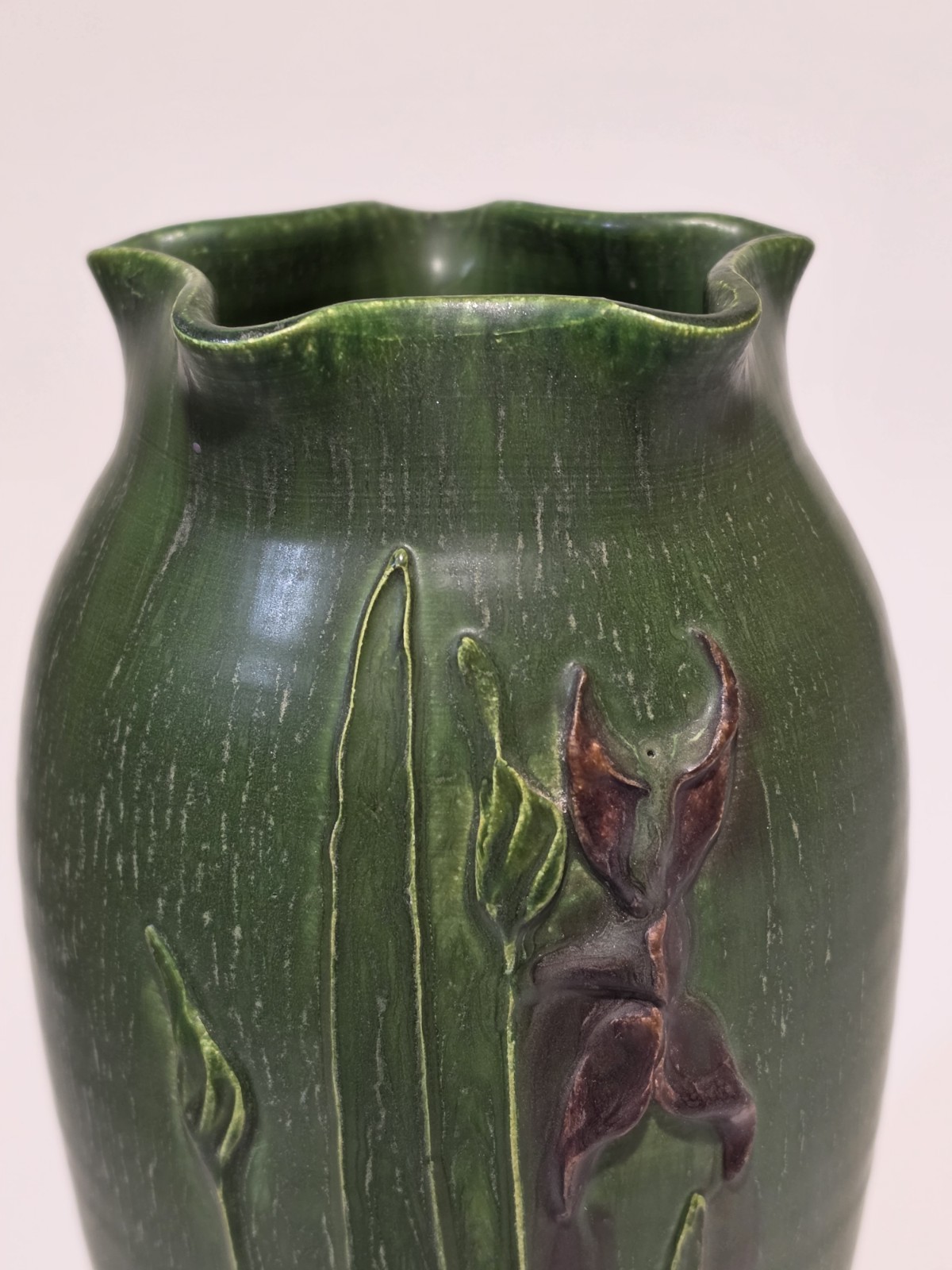 Ephraim Faience Raised Iris Vase Signed By Kevin Hicks 11.5″ Green Glossy Finish