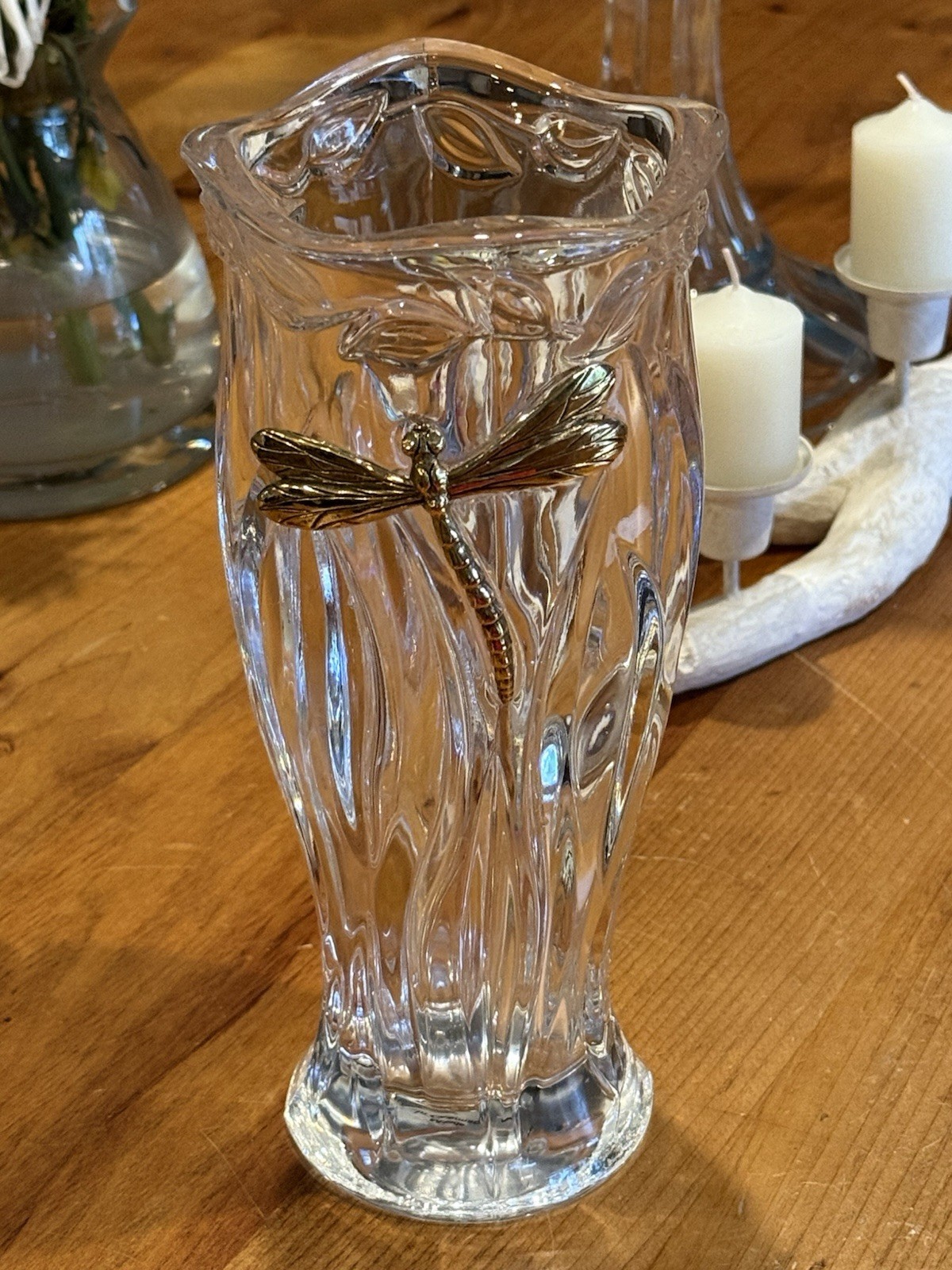 Vintage Germany Gorham Garden Serenade 9” Crystal Vase Brass Dragonfly
