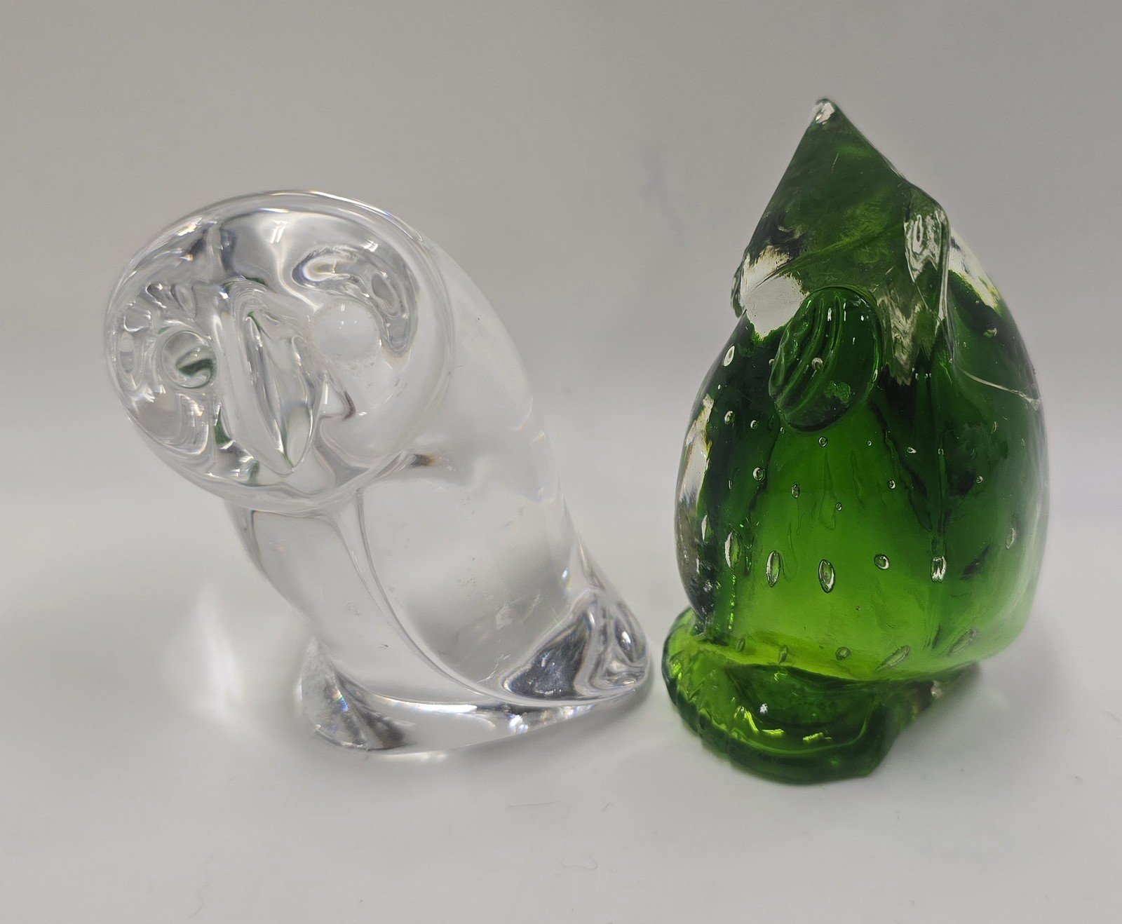 Vintage Atlantis Portugal Art Glass Owl Figurine & Green Controlled Bubble Owl