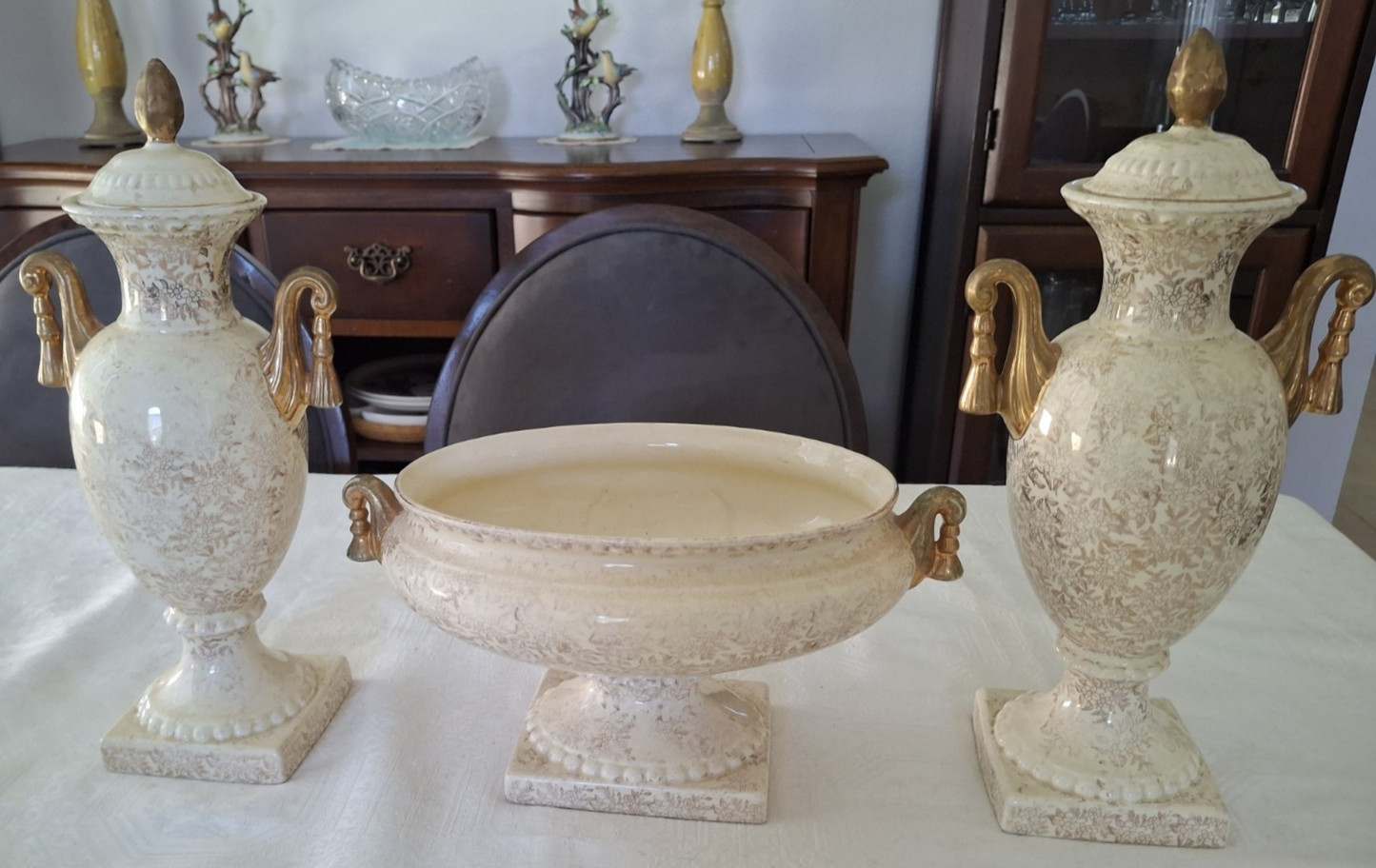 Vintage Empire Ware 3 Piece Bowl & Urns Set with Tops Victorian Scenes England