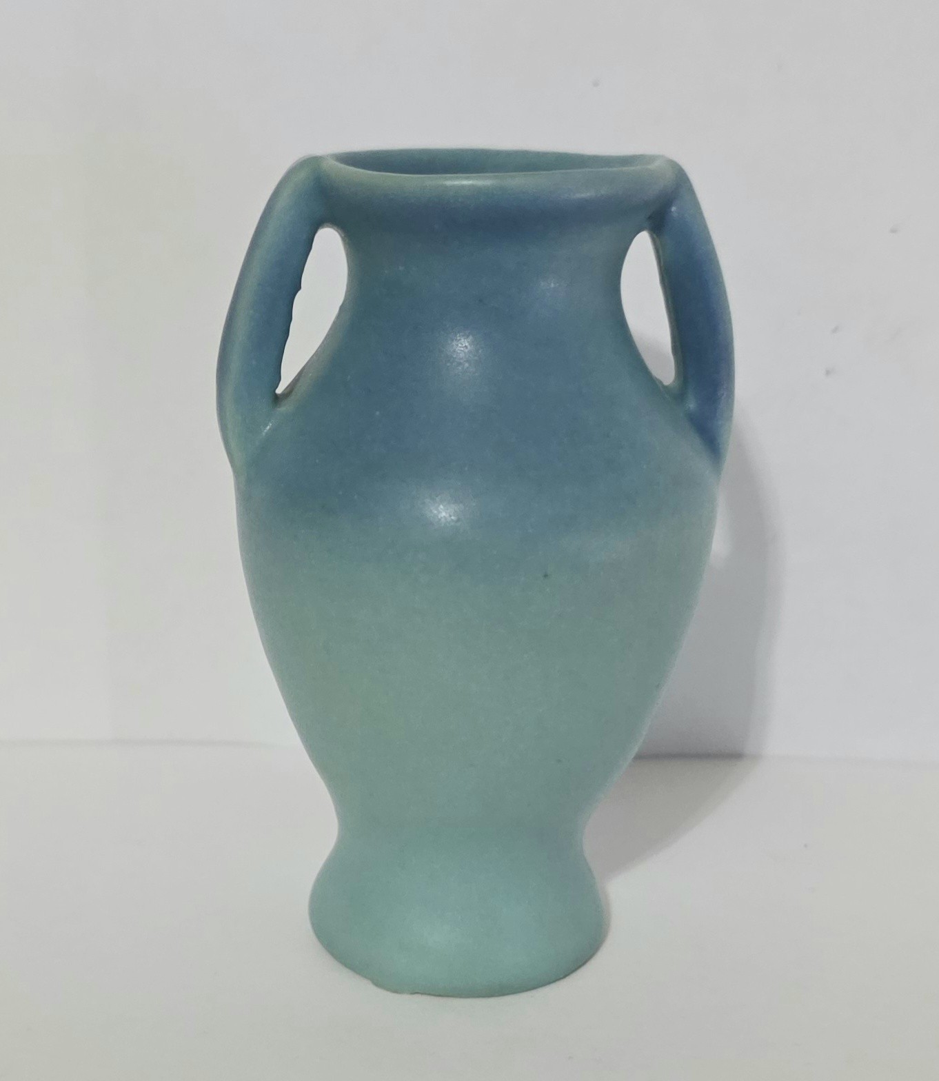 Van Briggle Small Urn Vase with Handles Ombre Blue 3.75″ Tall Vintage Pottery