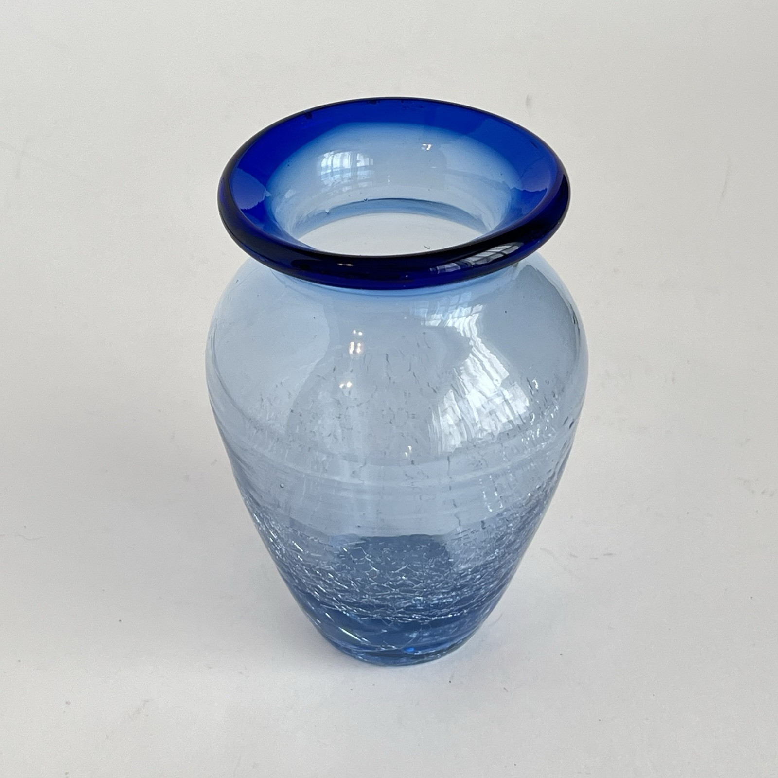 Vintage Art Glass Vase Handblown Crackle Glass Clear And Blue 5 Inch