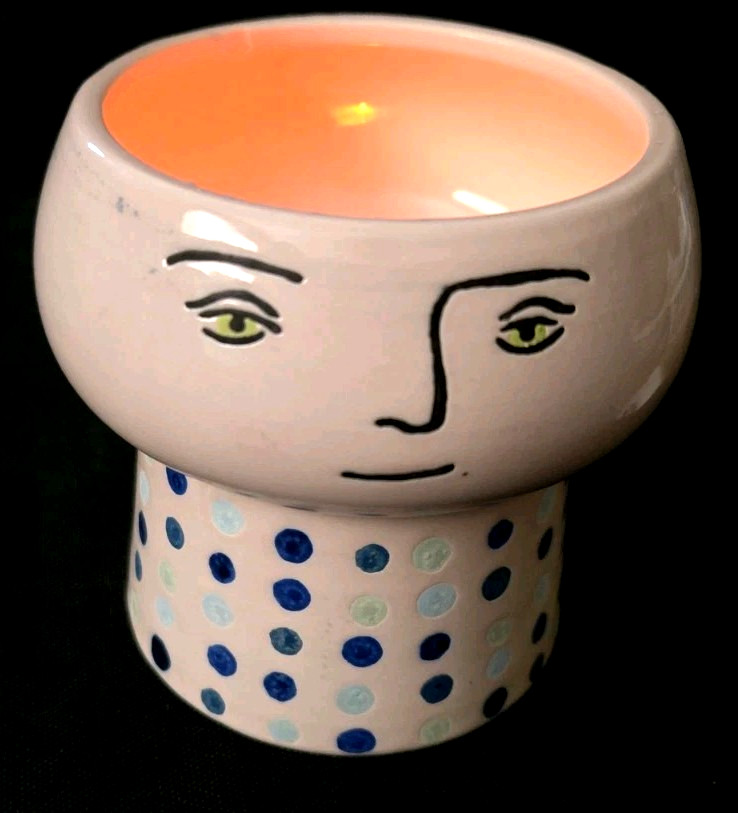 Planter Human Head Blue Polka Dots Opal House Green Eyes Pottery 3.5″ Tall