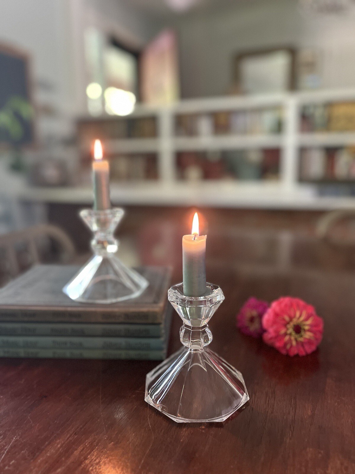 Vintage Crystal Candlesticks Pair Set of 2 Approx 4″ Tall & Wide Octagonal Base