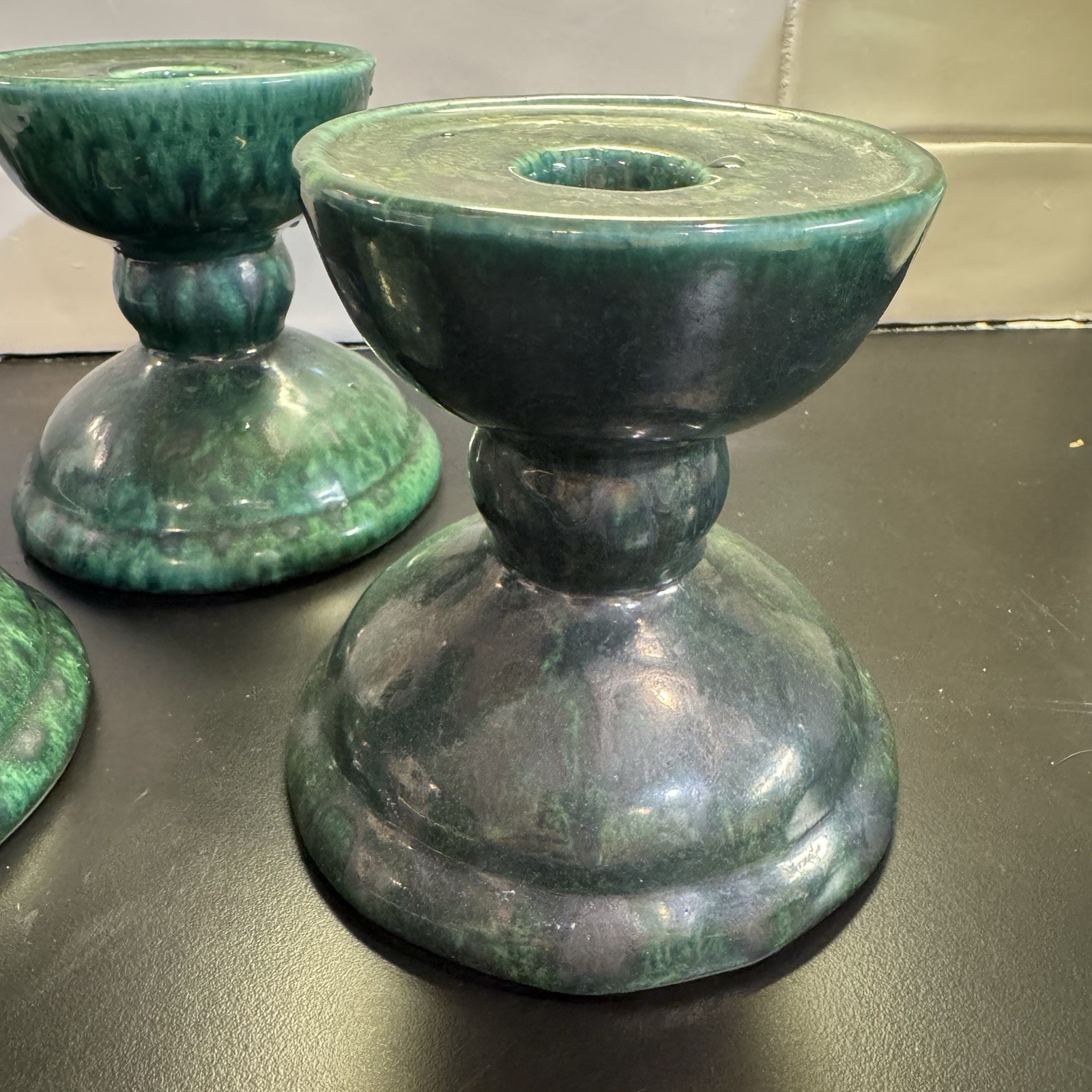 Vintage Gail Pittman Pottery Taper or Pillar Candle Holder Green Signed Set 3