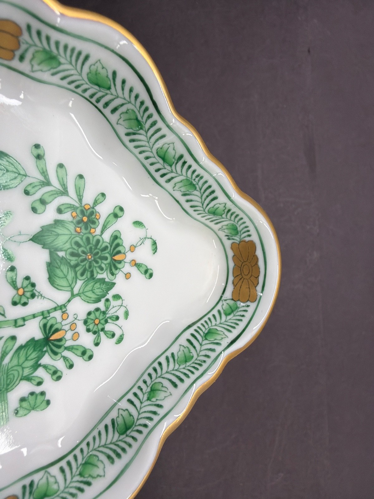 Vintage Herend Indian Basket Bouquet Green Porcelain Diamond Shaped Dish 7737 AV