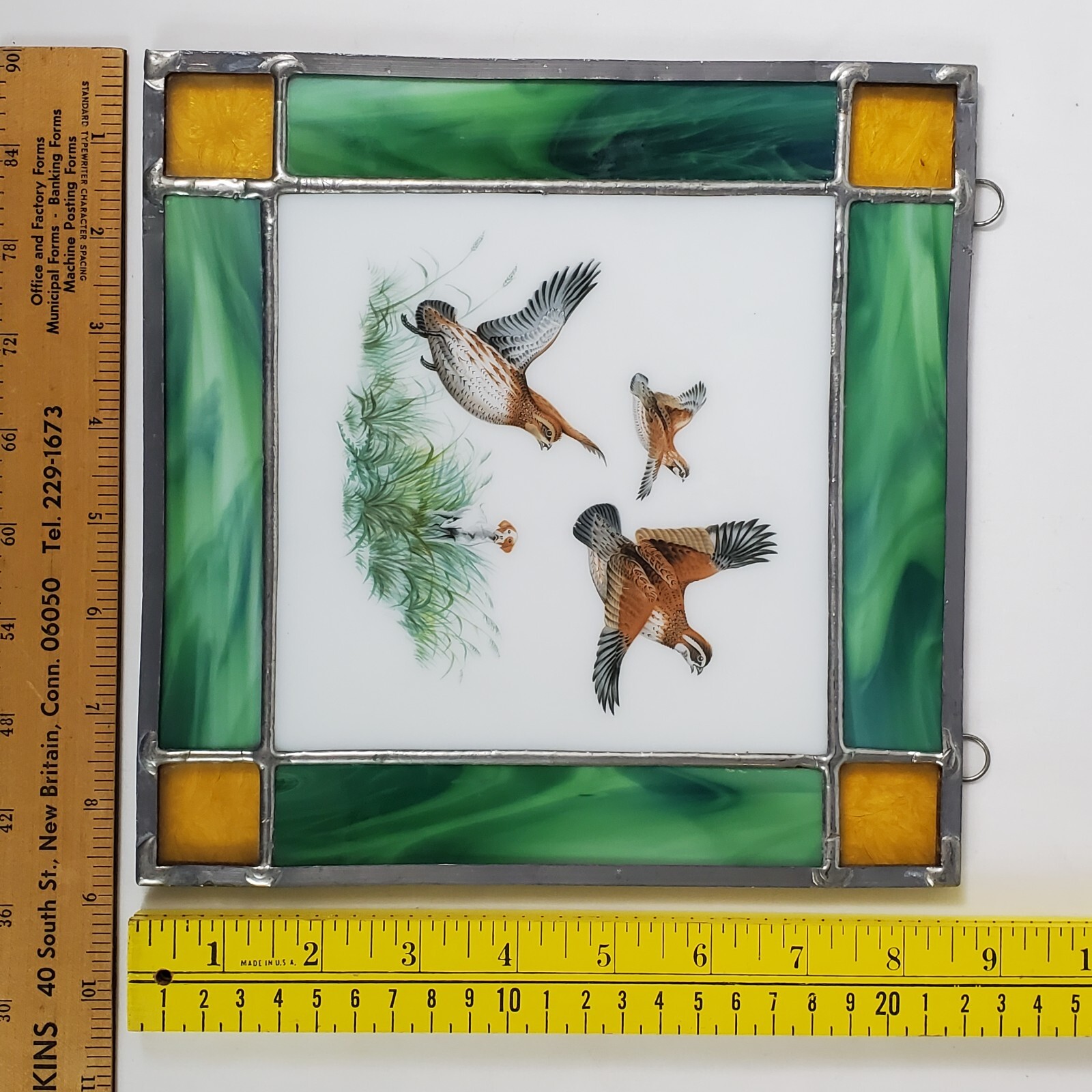 Stained Glass Sun Catcher Birds Pheasant Flying Approx. 8 3/4″ x 8 3/4″__