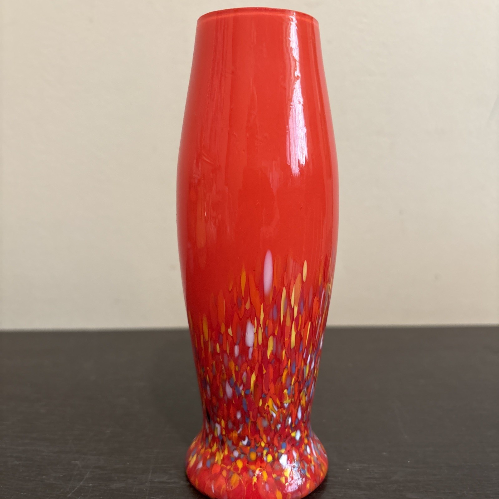 VTG Czech Multicolor Red/Orange White Art Deco Spatter Glass Vase 1930’s 6.5”