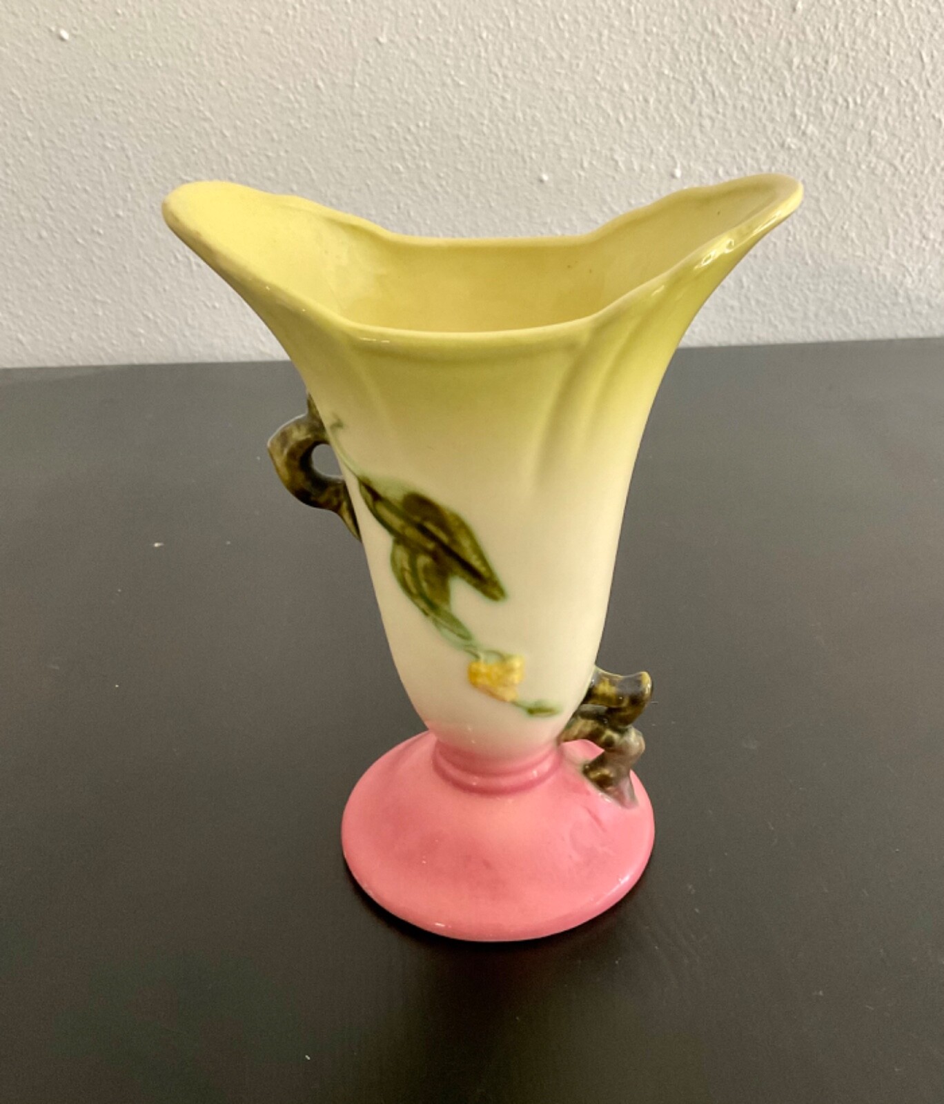 HULL Pottery Vase Pink and Yellow Glossy finish Wide mouth Made in USA