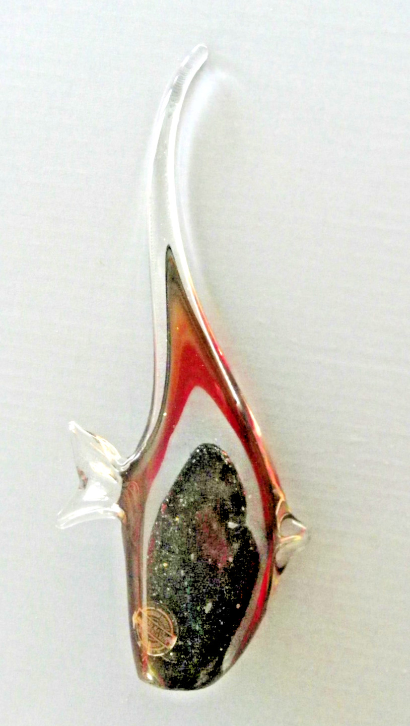 Art Glass Hand Made Fish Figurine Glittery Black and Red Colors 12″ Tall