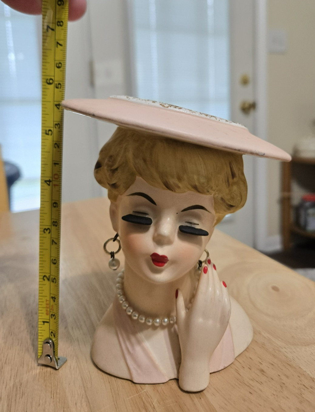 Lefton #4290 Head Vase in Pink Necklace, Earrings Blonde 6″ RARE