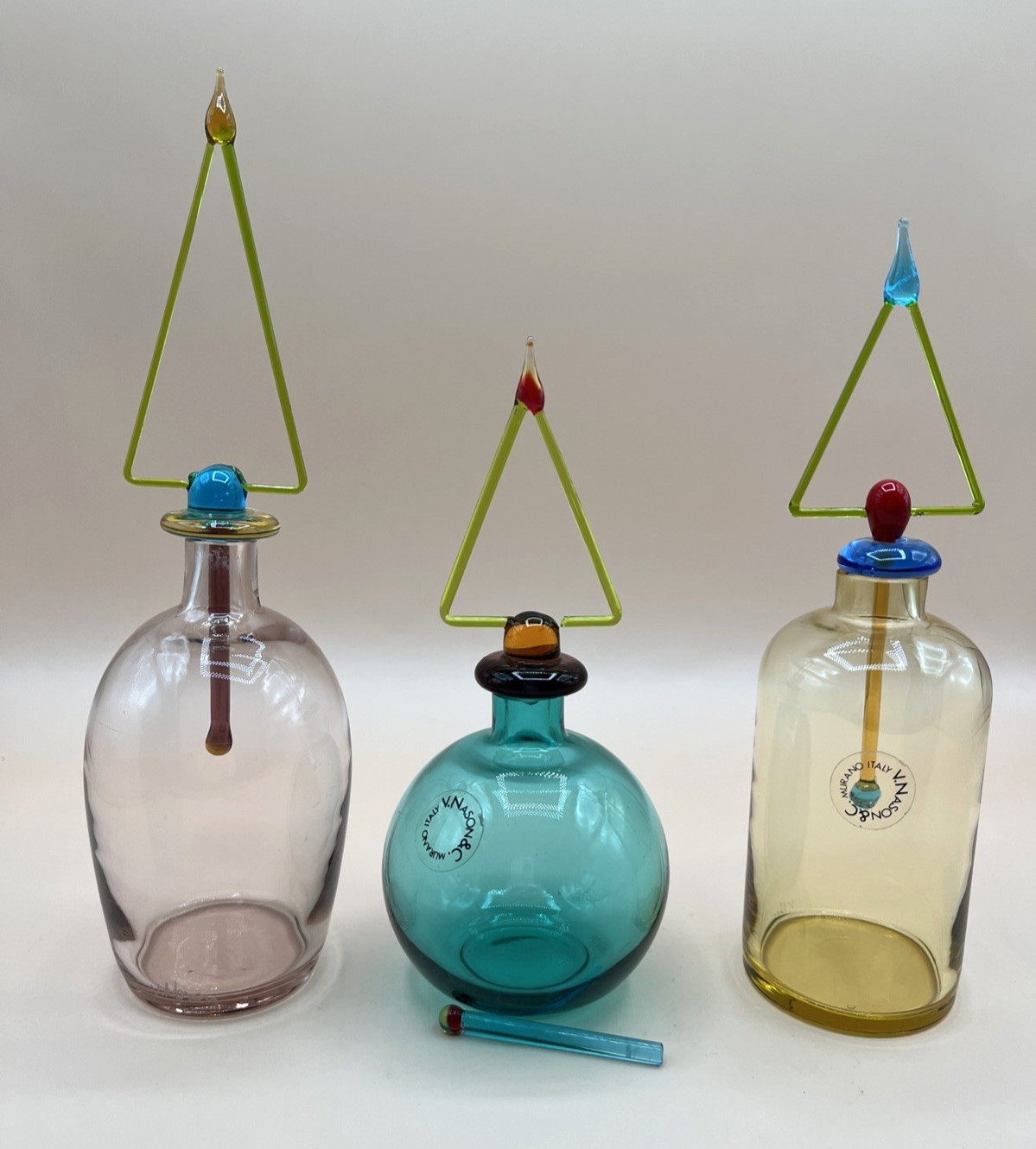 V Nason & Cie MURANO Perfume Italy Modernist Blown Glass Bottle Signed Set of 3