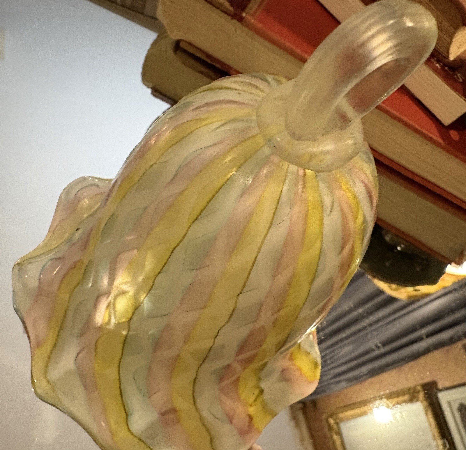 Vintage Hand Blown Italian Art Glass Bell Opaline Latticino Pink Yellow Ruffled