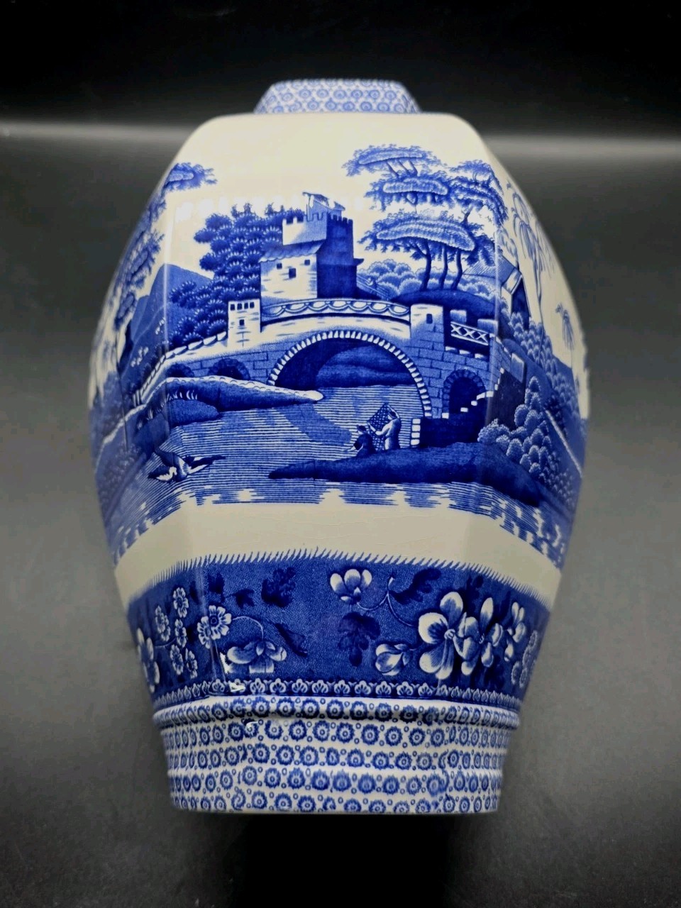 Vntg SPODE England Blue Tower Octagonal Ginger Jar Vase NO LID 11¼x8″