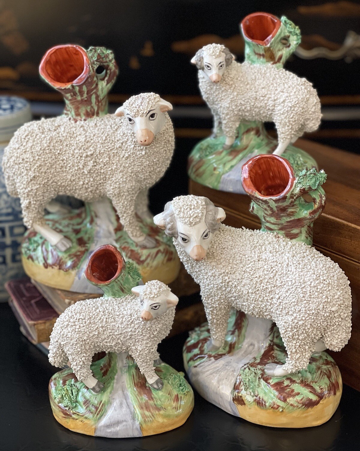 Set 2 Antique Russet English Staffordshire Sheep Lamb Ram Ewe Spill Vase 5/7.25”