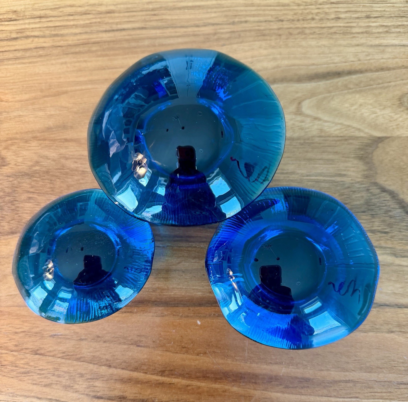 Vintage MCM Viking Bluenique Blue Glass Mushroom Paperweight Set Of 3