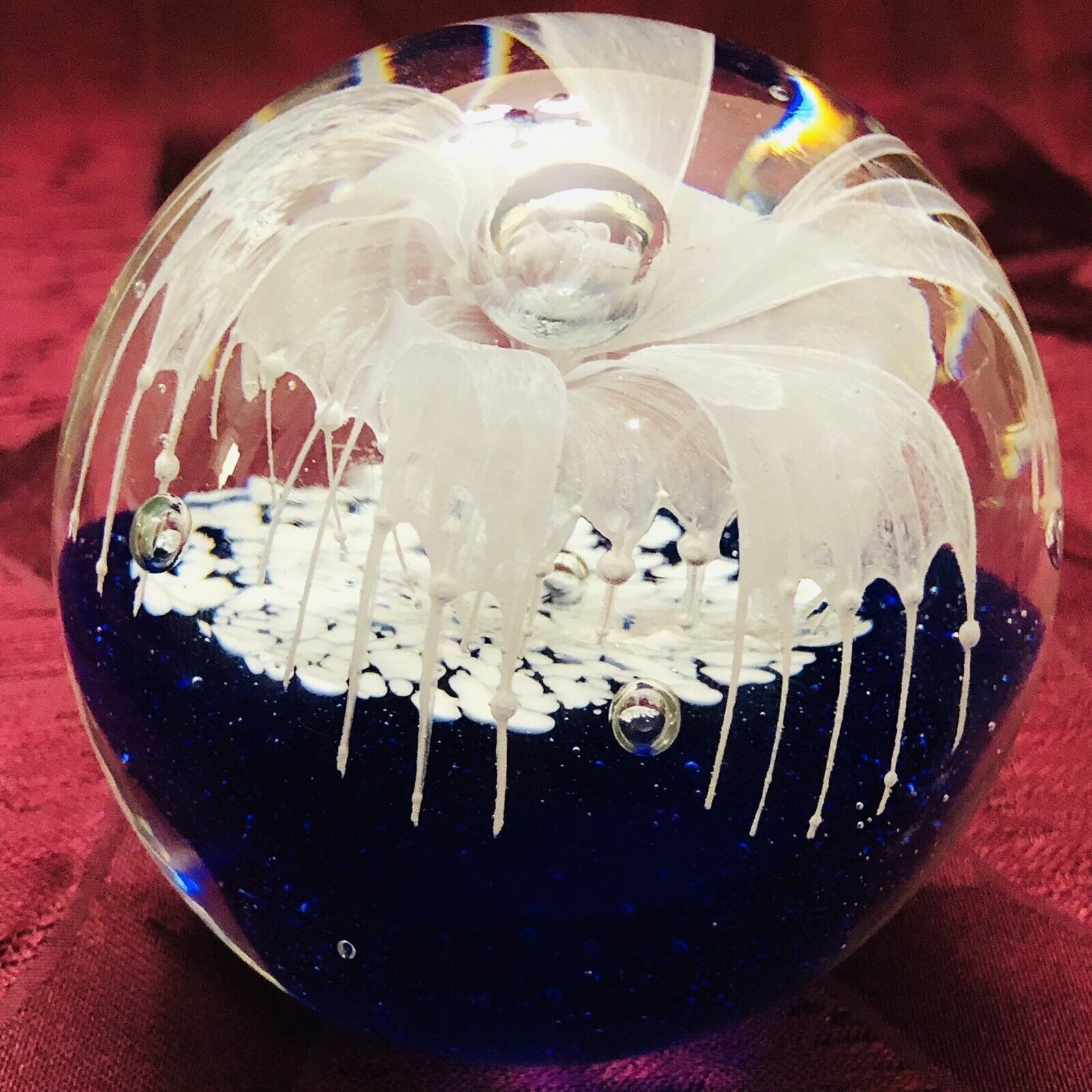 Blown Art Glass Paperweight White Lily Flower Cobalt BL. Silvestri Gift Decor ￼￼