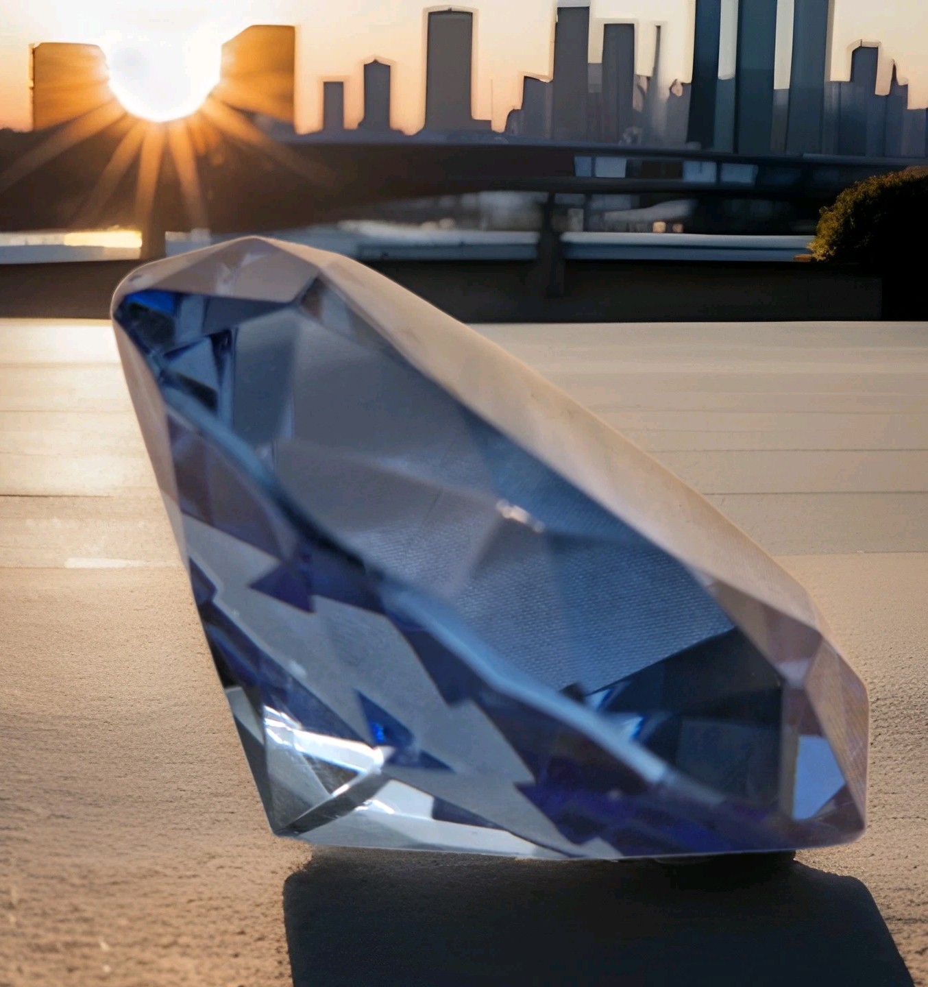 Large Cut Glass Crystal Diamond Paperweight Sapphire Blue 2″ Faux Gemstone