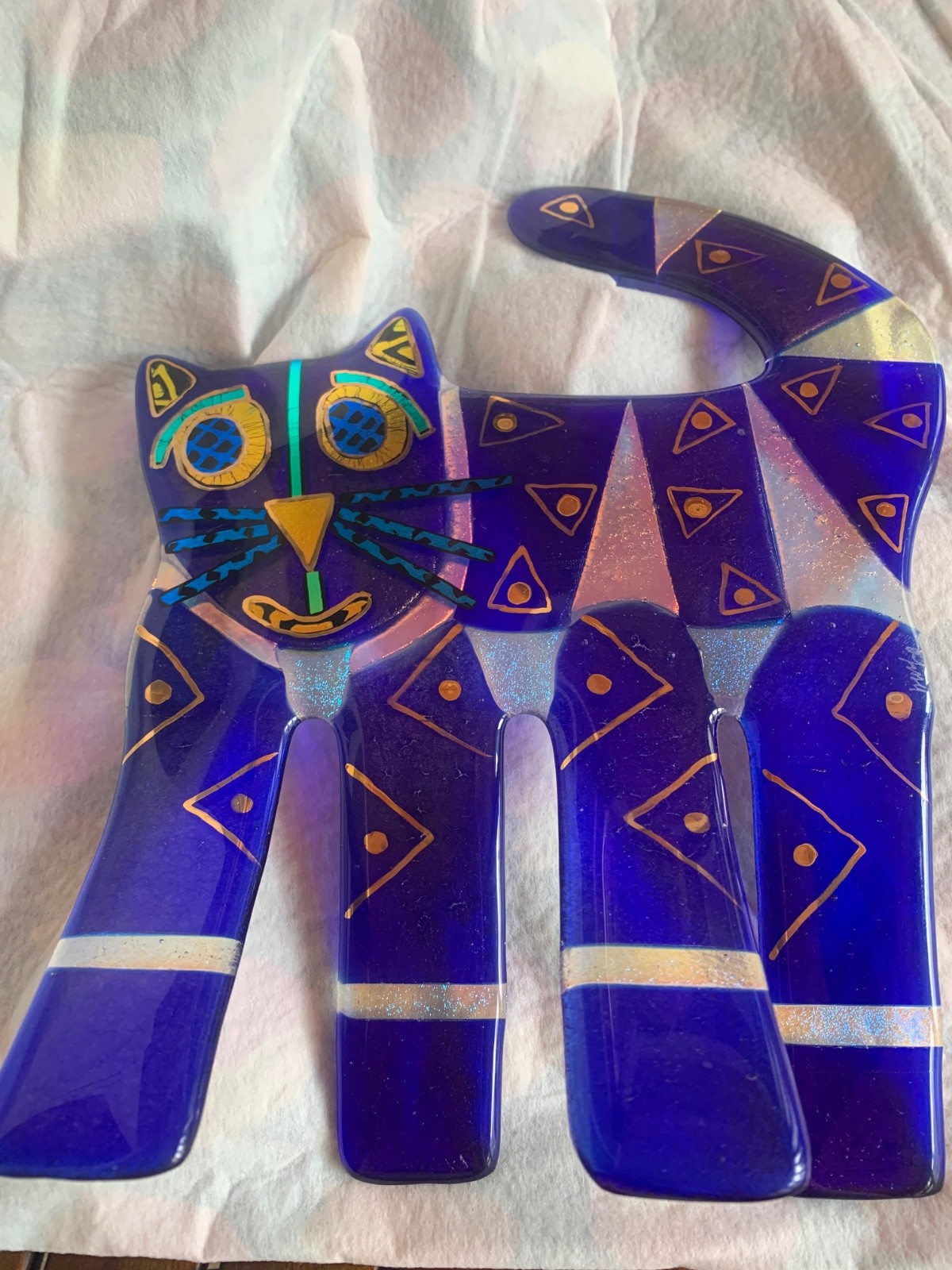 Martha Wolf Fused Glass Kitten Sculpture Kiln Fused And Slumped Glass Gold Paint