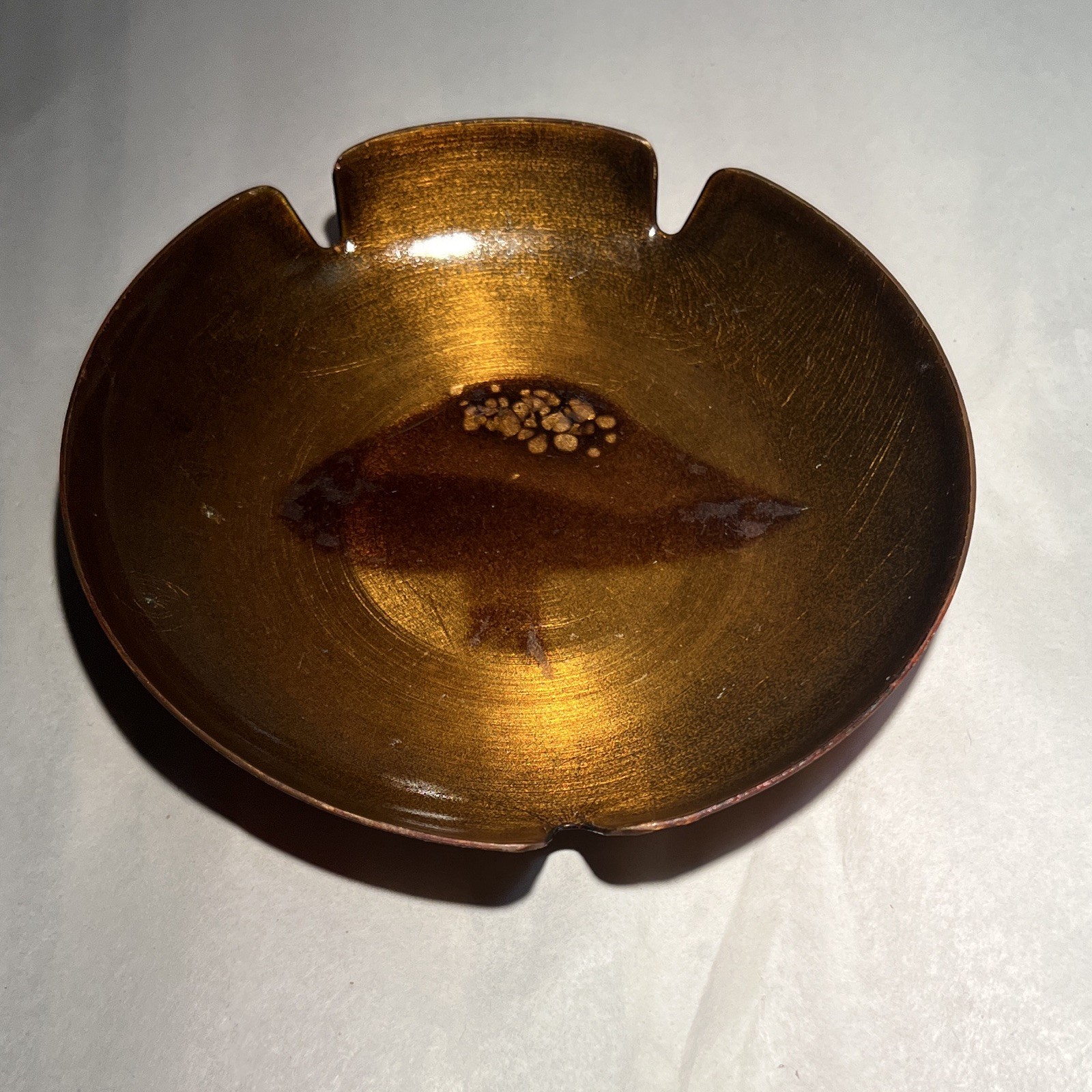 California Design Enamel Art metal Ashtray Decorative Glossy Gold Brown 6 in