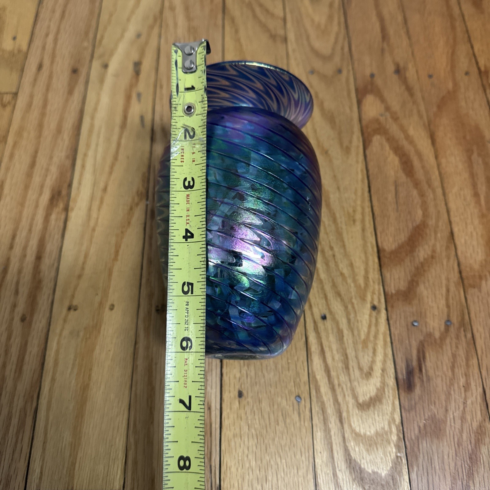 VTG The Glass Eye Studio Pulled Feather Vase 6” MSH 1988 Blue Swirl Peacock Art