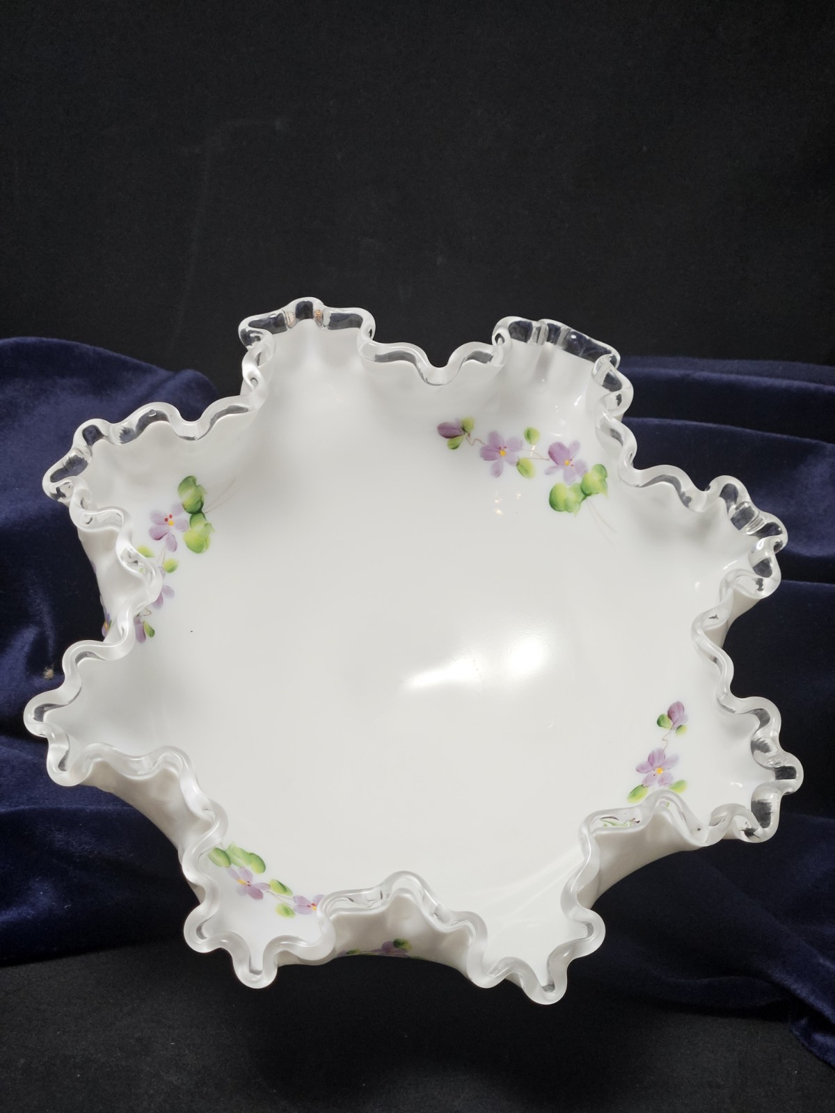 FENTON – VINTAGE “Violets in the Snow” footed compote dish – SIGNED