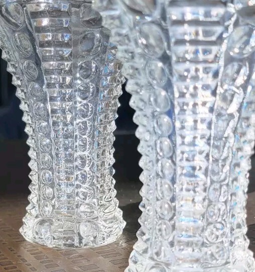 Vtg MCM 2 Anchor Hocking Clear Pressed Glass Bubble Dots & Bars 4.75 in Vase