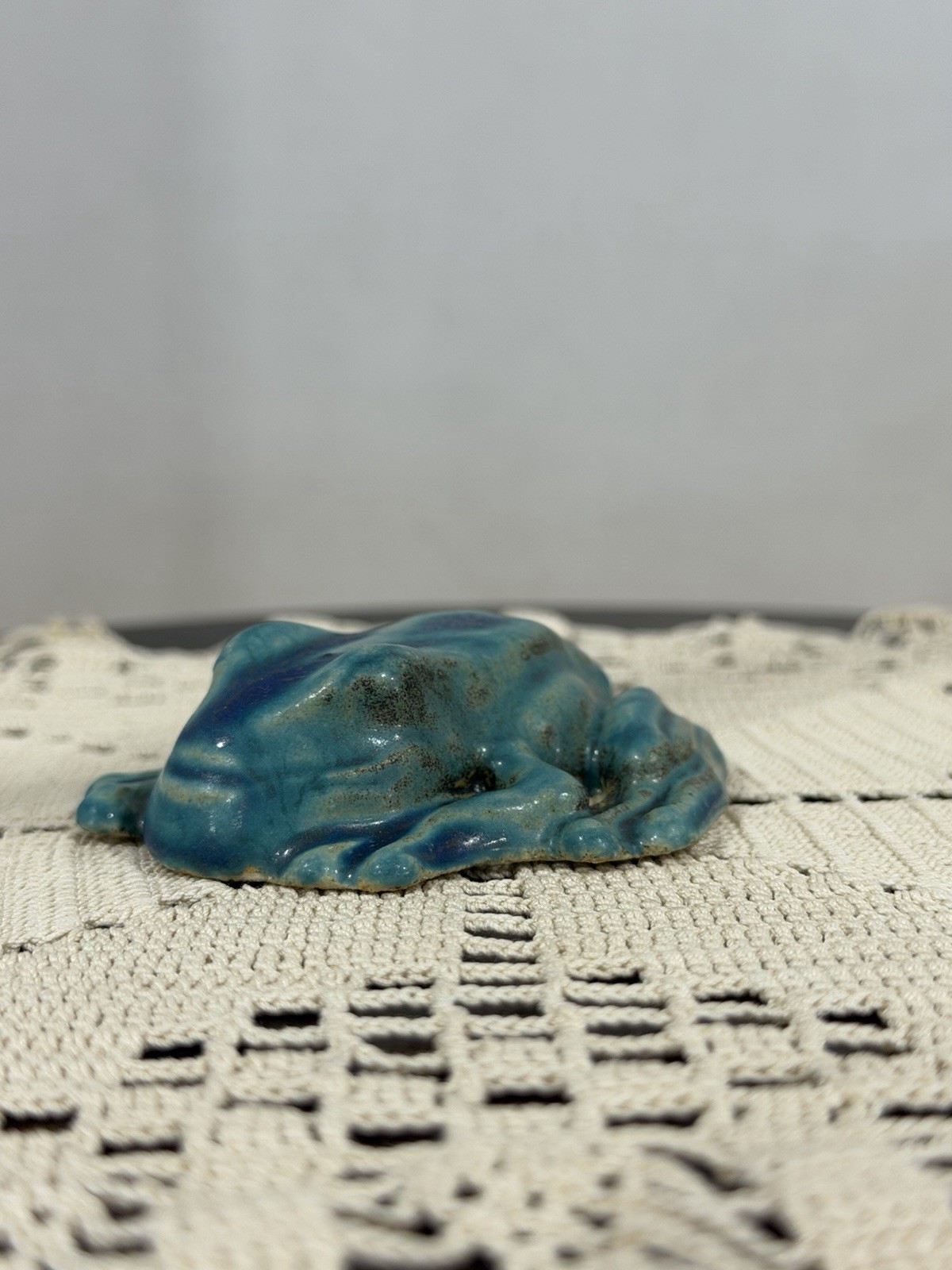 Pewabic Detroit Pottery Mottled Green Blue Frog Figurine Paperweight, Excellent