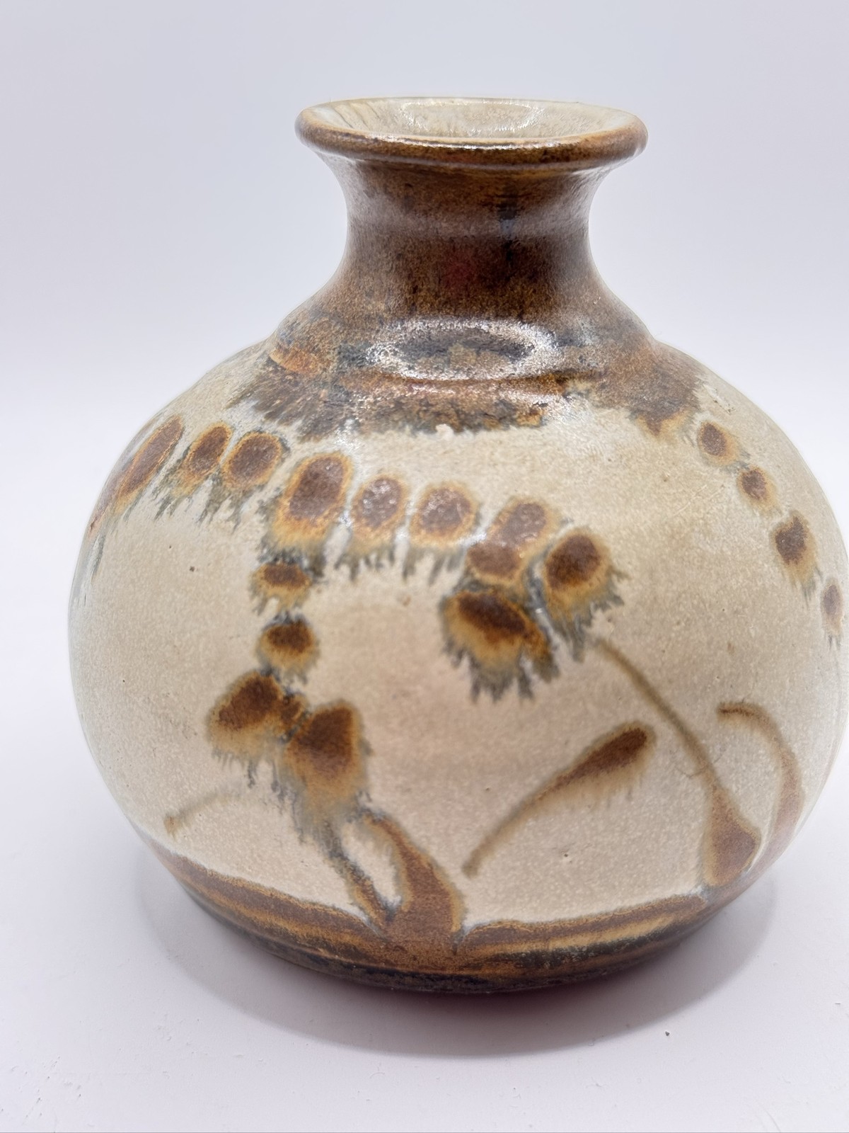 VTG Studio Art Pottery Vase Brown Beige Drip Glaze Bud Vase Handmade signed West