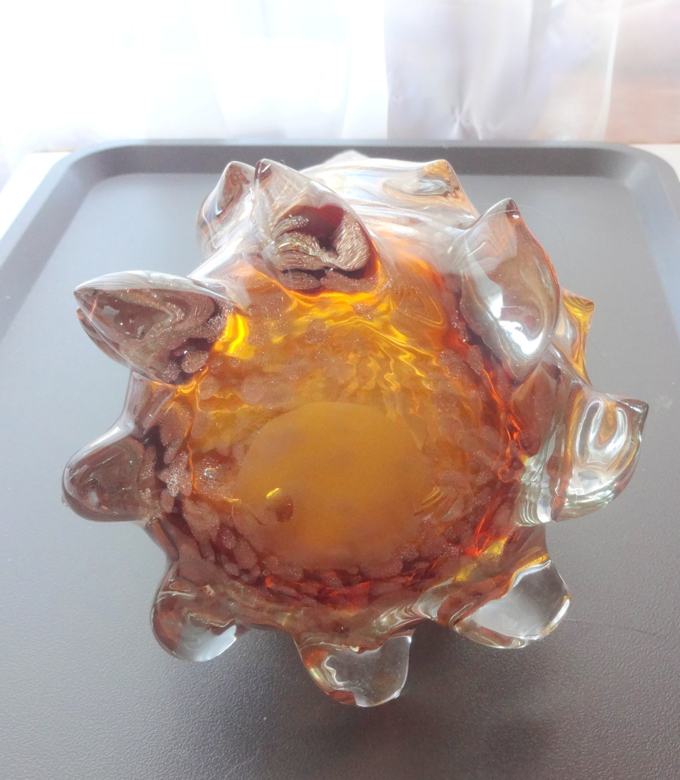 Vtg Christmas Tree Murano Art Glass 13″ Tall Clear Gold Copper Dust Handcrafted