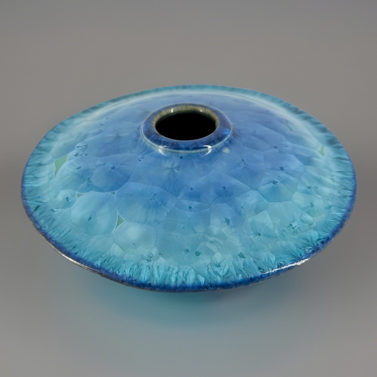 Pottery Boys 2015 Ceramic crystalline Blue Flower Frog Ikebana Studio art decor