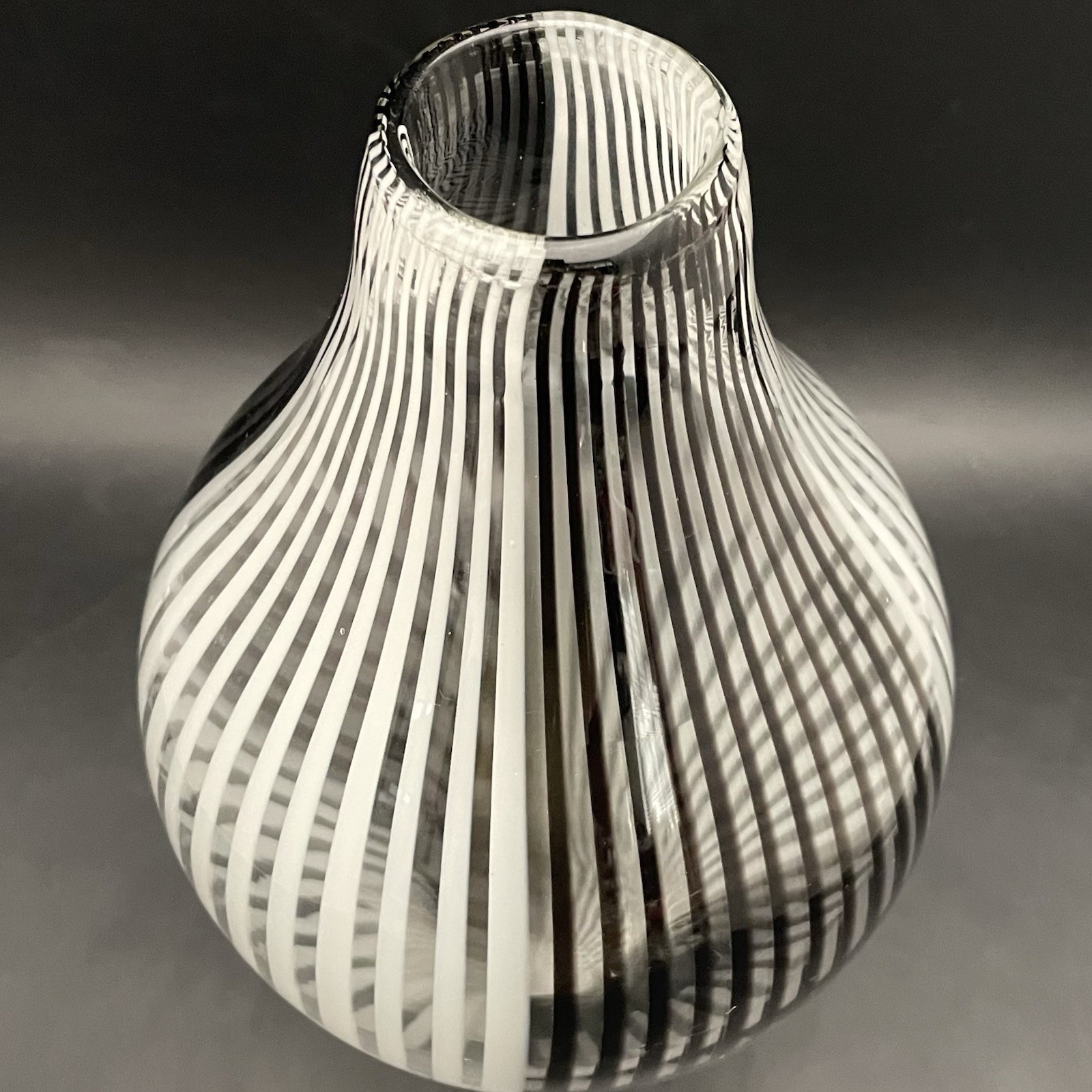 Mezza Filigrana Black White Art Glass Asymmetric Vase c1960s Made in China 11″t
