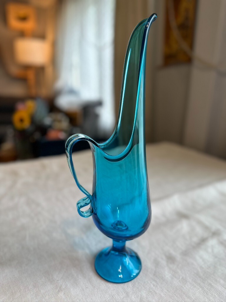 1960’s Vintage Le Smith Peacock Blue Hand Swung Ewer 16″ TALL VASE PITCHER MCM