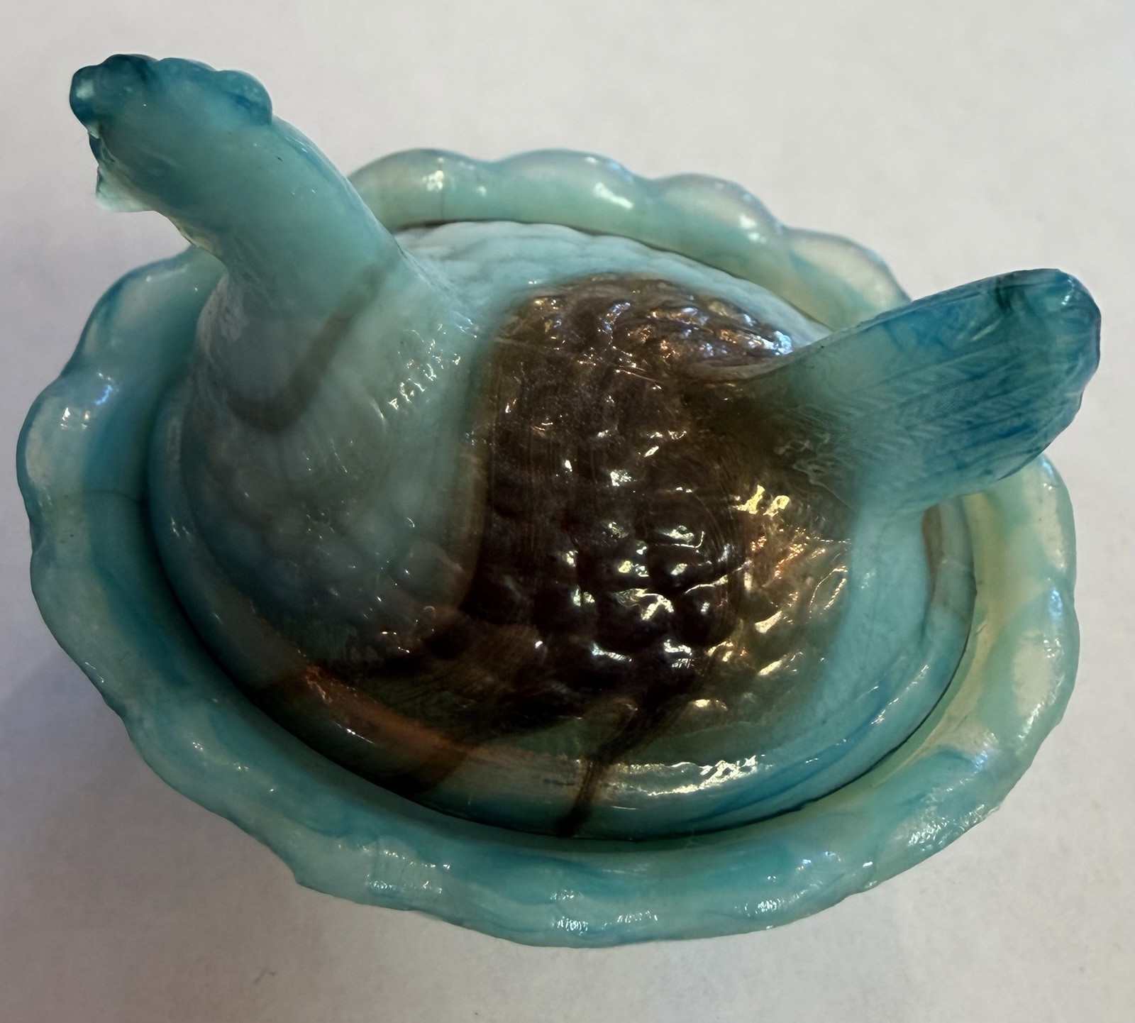 Boyd Glass Hen On Nest Salt Cellar Swirled Aruba Slag Aqua Bronze