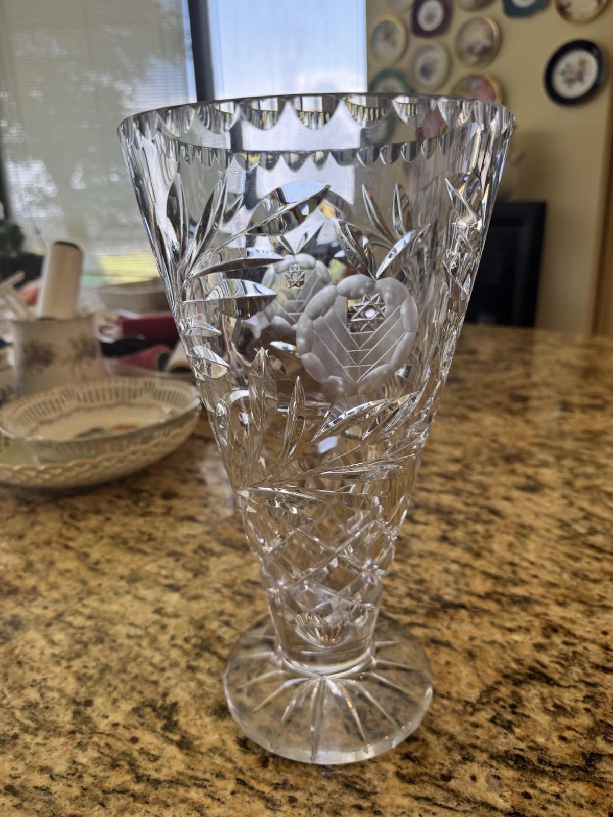 Vintage Large 12″ Bohemian Sunflower Heavy Leaded Clear Crystal Vase 6 Lbs.